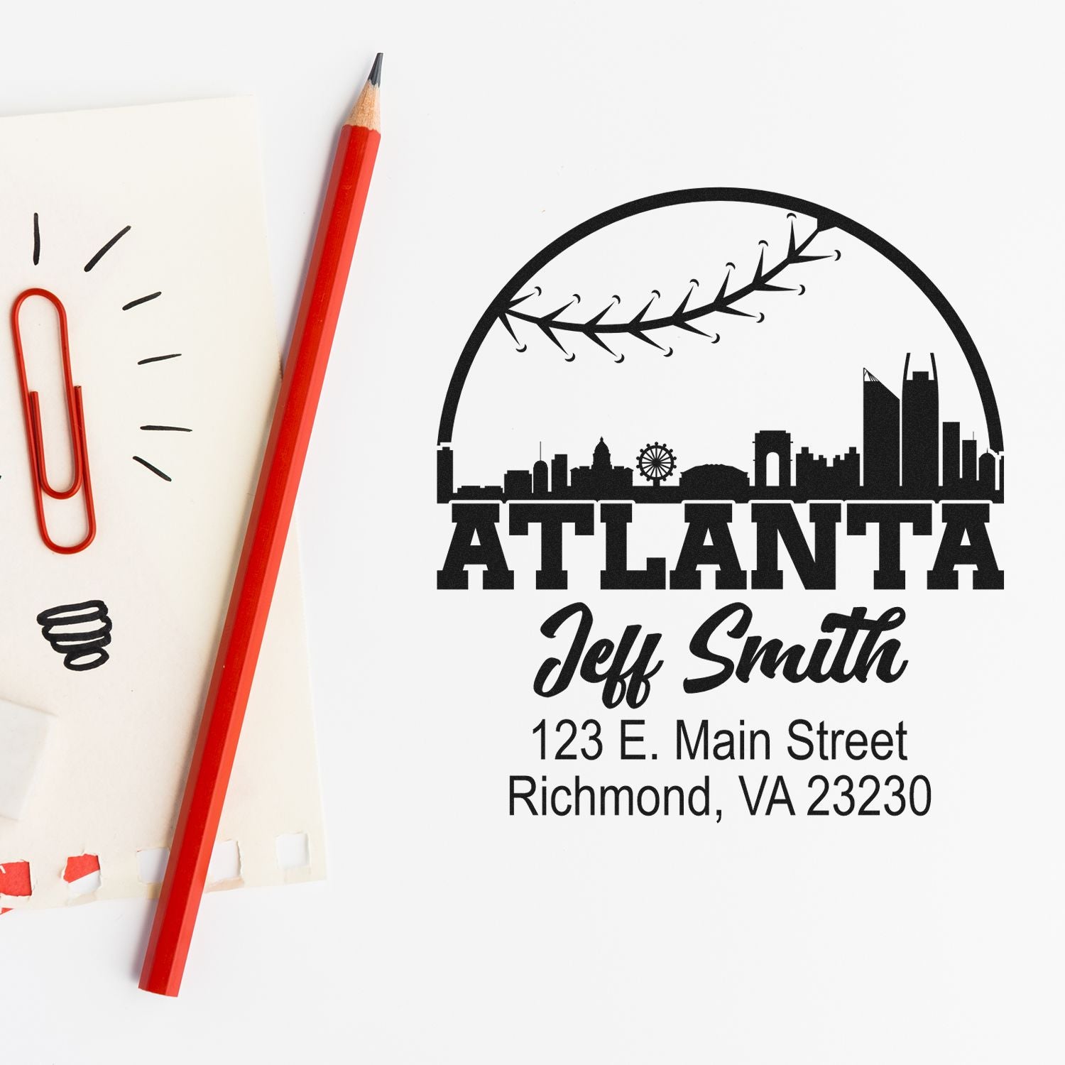 Custom Atlanta skyline return address rubber stamp with personalized name and mailing address for envelopes.