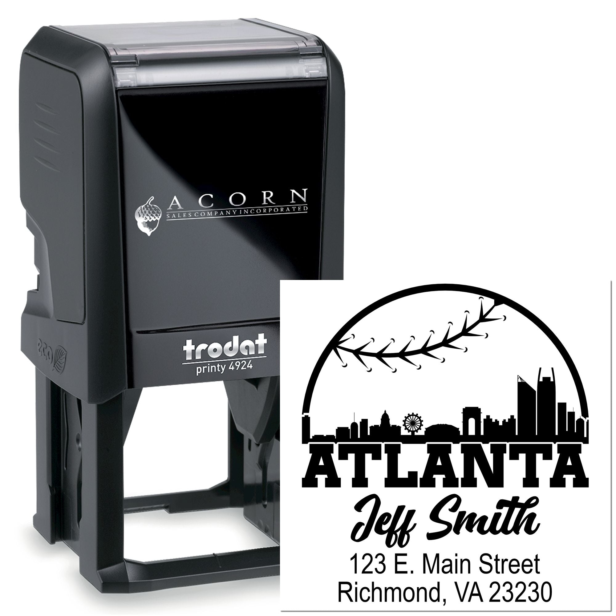 Trodat Printy 4924 custom self-inking rubber stamp with Atlanta skyline return address design for Jeff Smith.