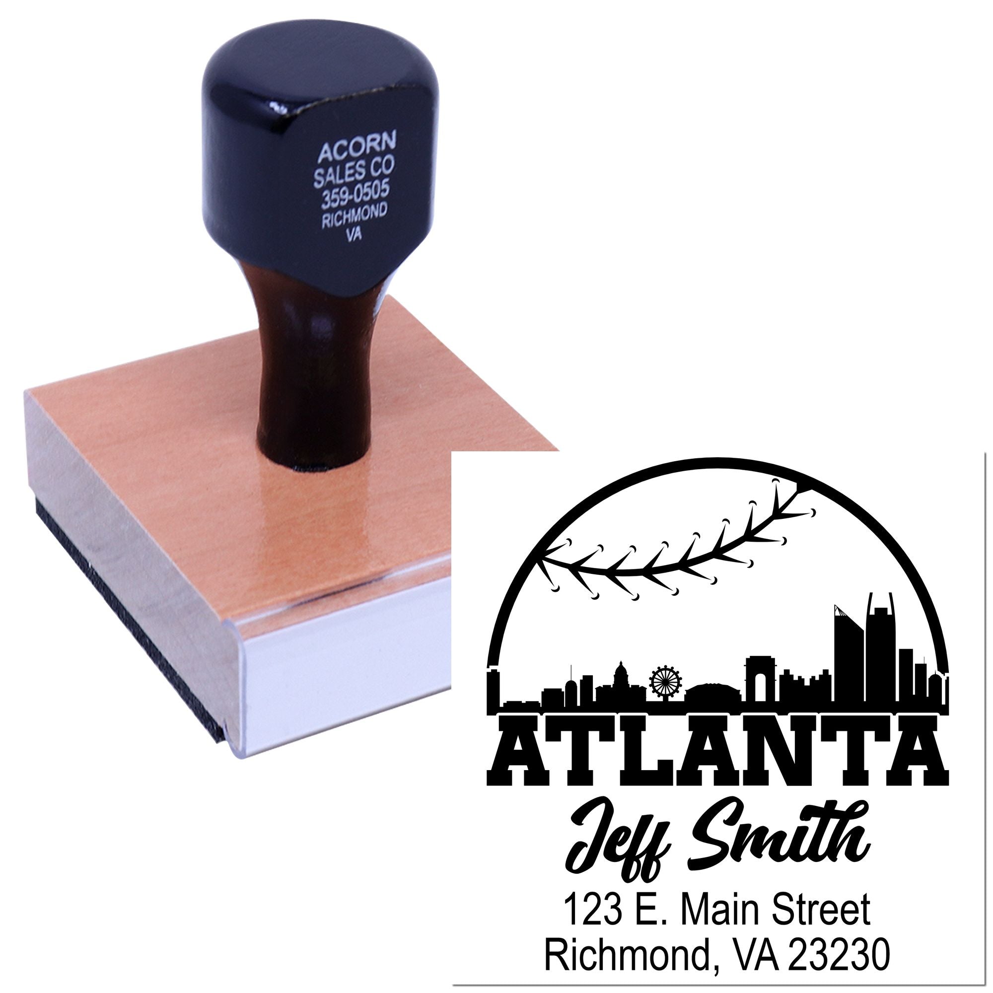 Custom self-inking rubber stamp for Atlanta business branding with skyline logo, Jeff Smith name, and address.