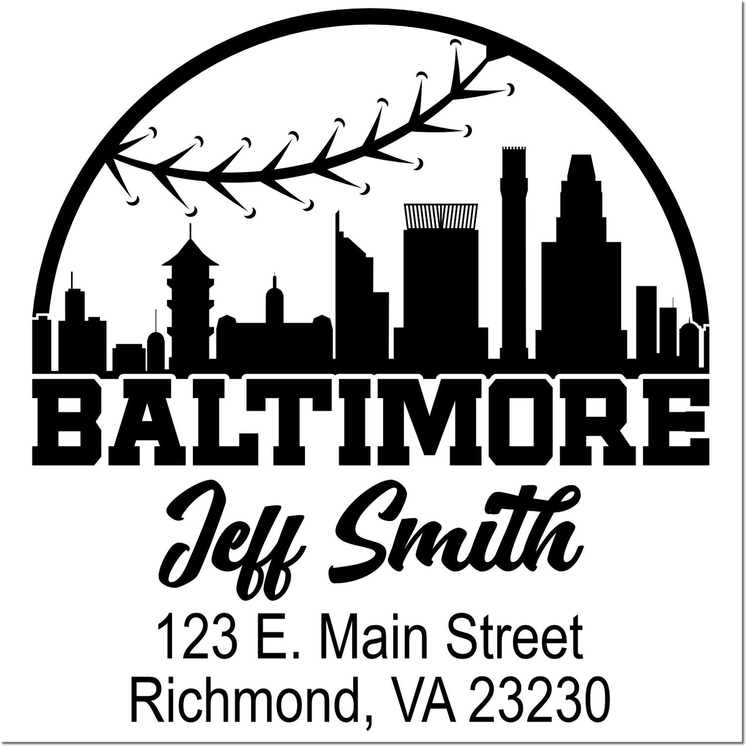 Baltimore return address rubber stamp featuring skyline, Jeff Smith, 123 E. Main Street, Richmond, VA 23230