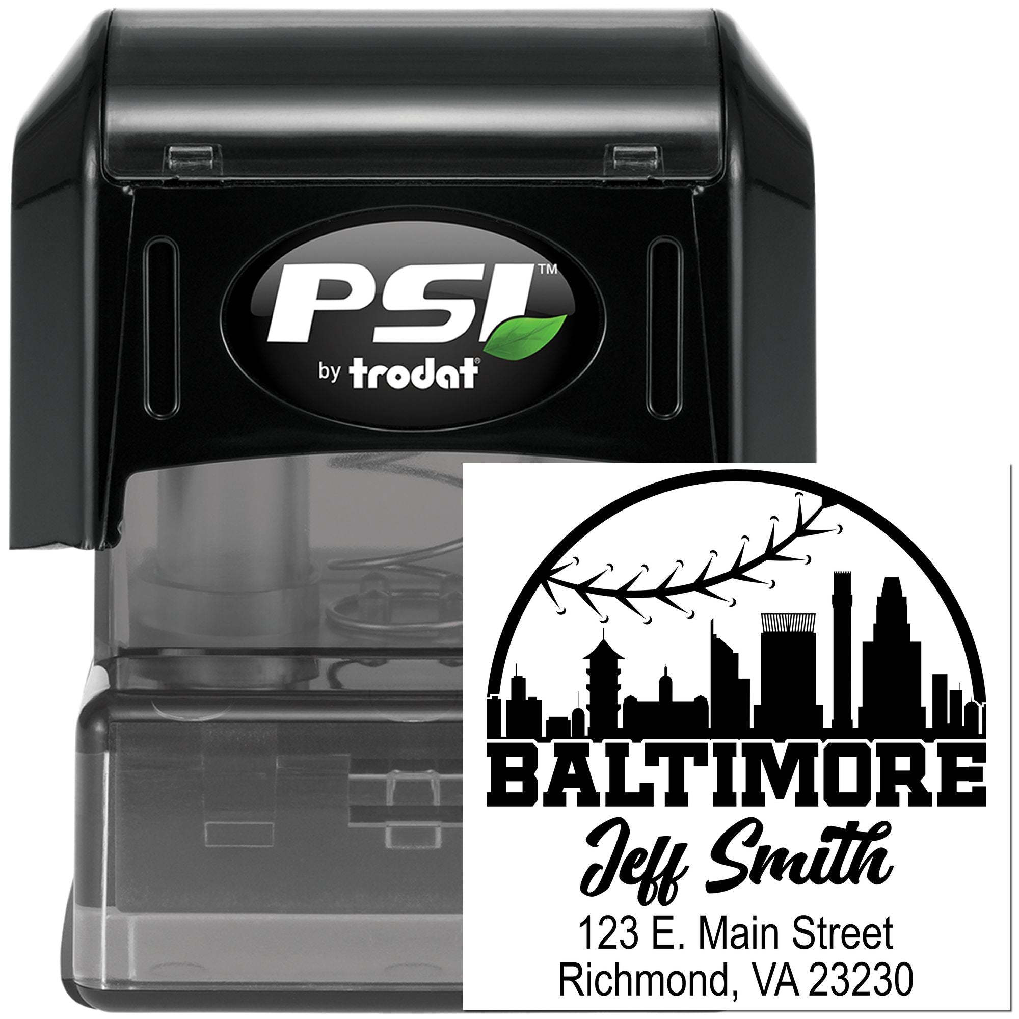 Custom self-inking rubber stamp with Baltimore skyline, Jeff Smith name, and address for mailing and business use.