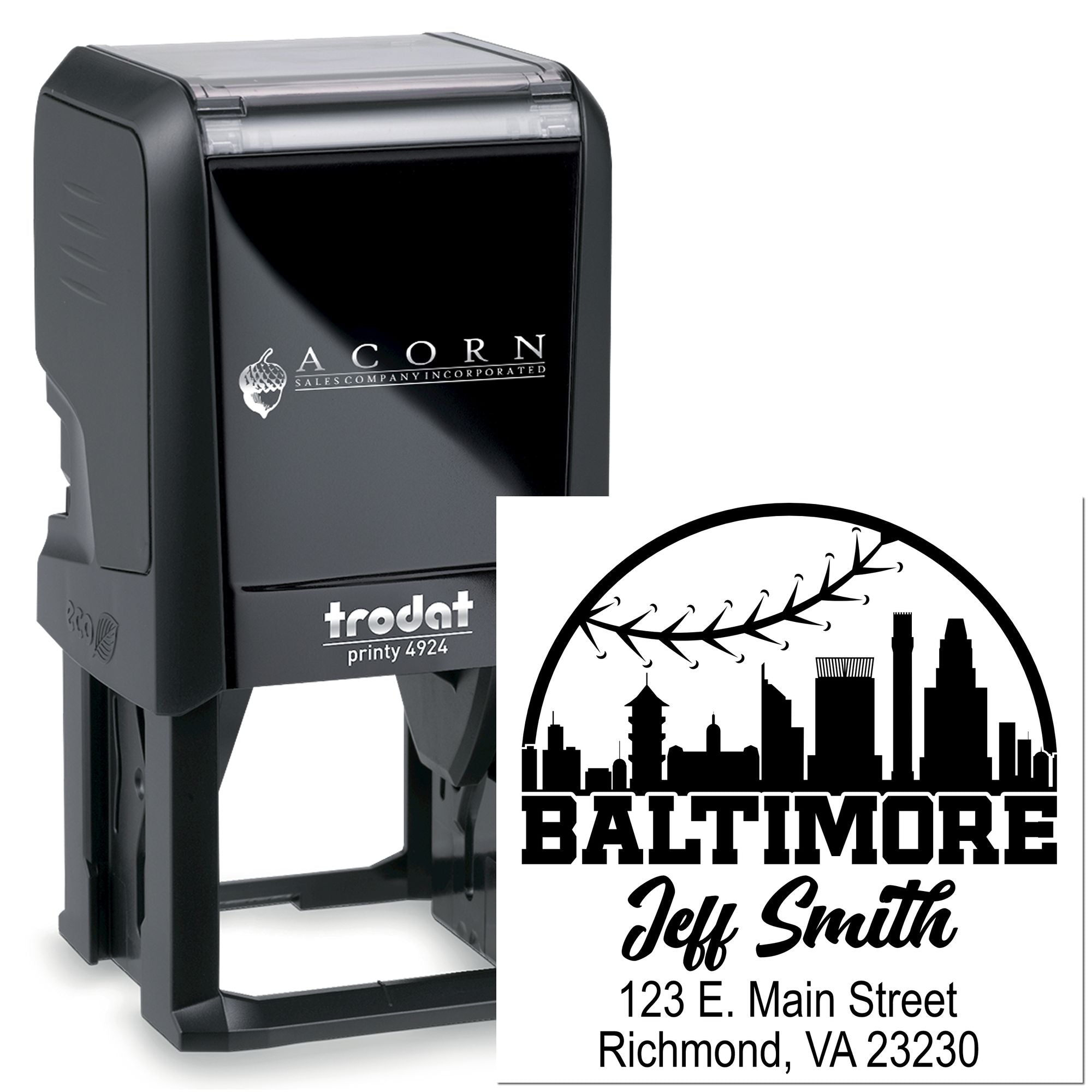 Custom self-inking rubber stamp with Baltimore skyline design, Jeff Smith name, and Richmond, VA address imprint.