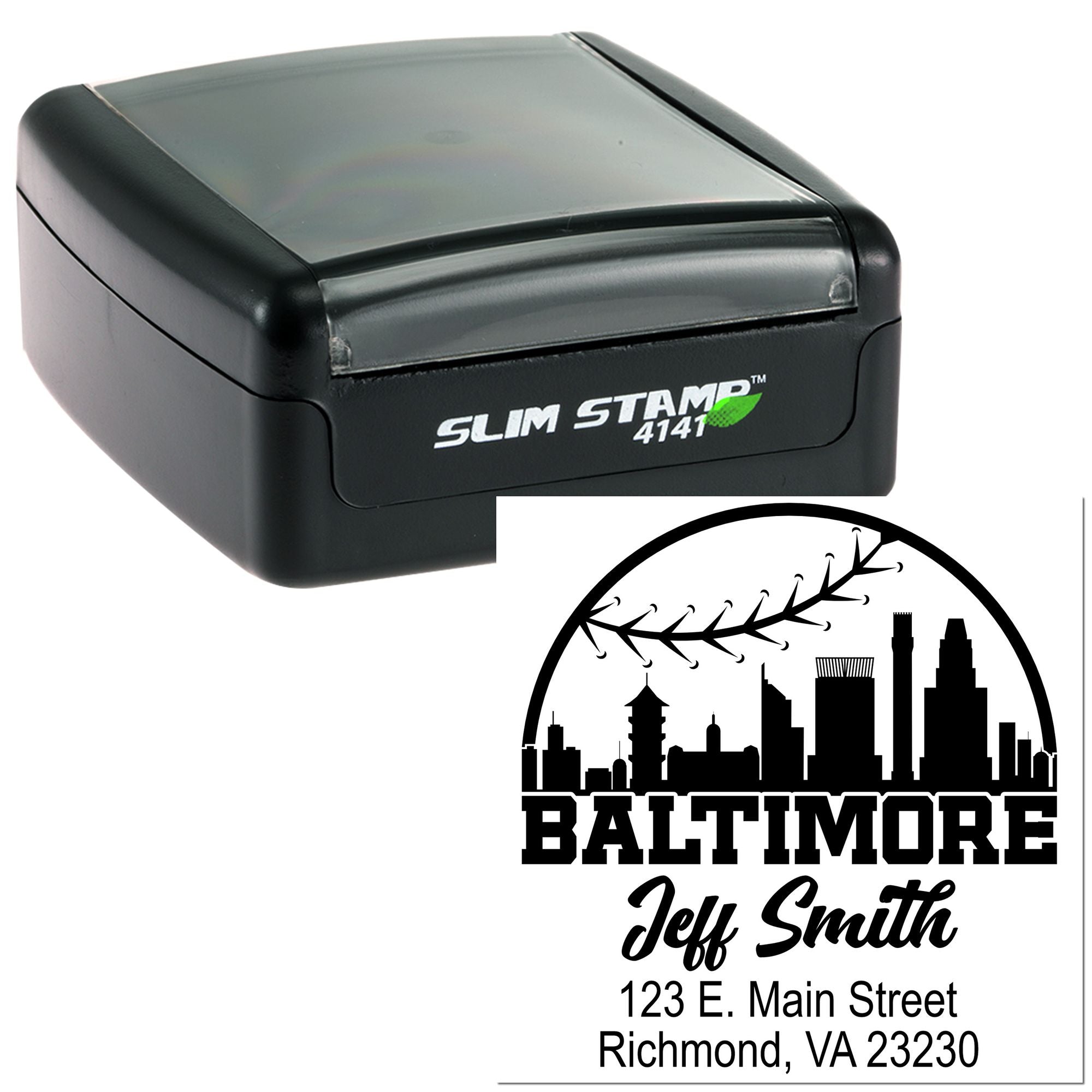 Personalized self-inking rubber stamp with Baltimore skyline design and Jeff Smith address, 123 E. Main Street, Richmond, VA 23230