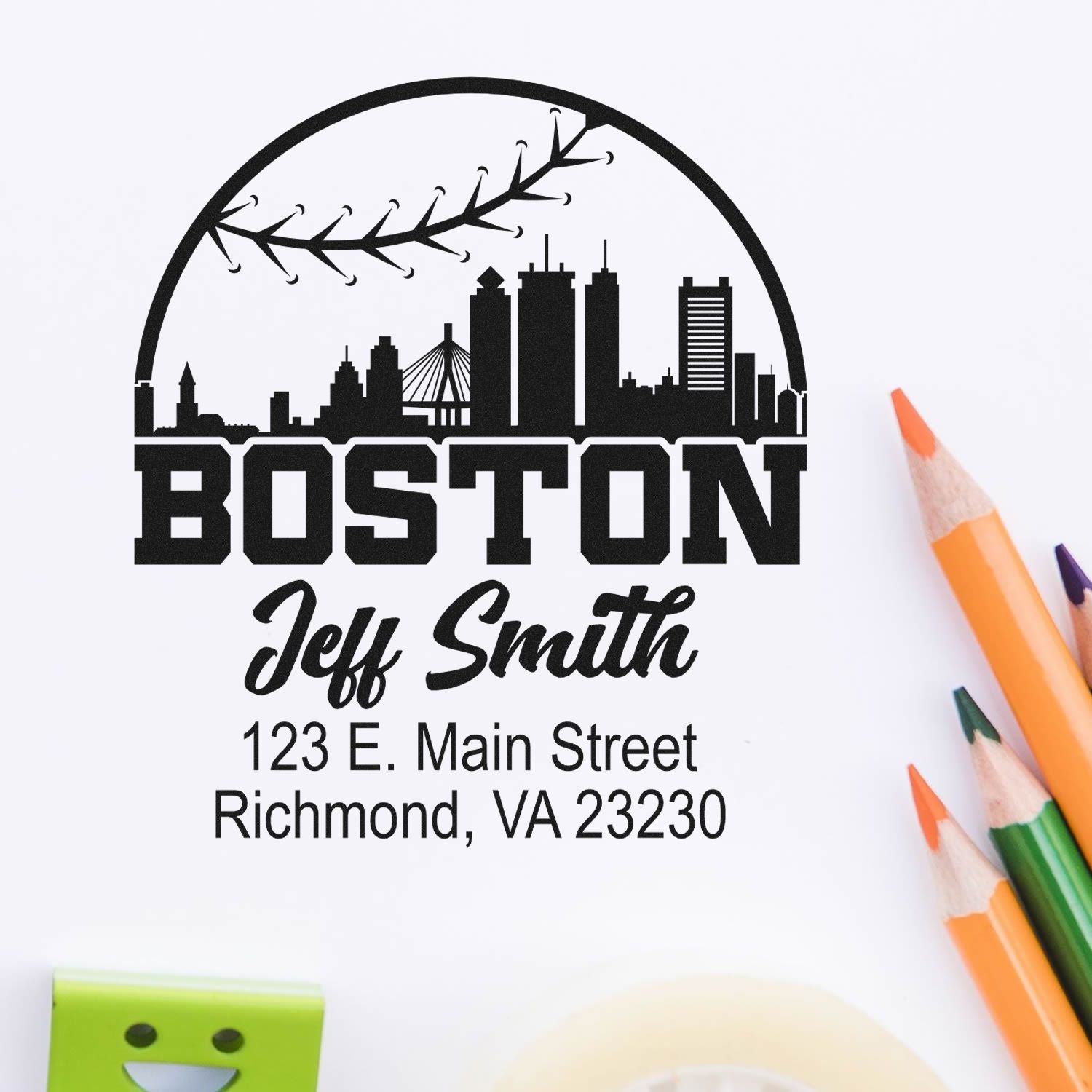 Custom Boston rubber stamp with skyline, personalized return address for Jeff Smith, 123 E. Main Street, Richmond, VA 23230.