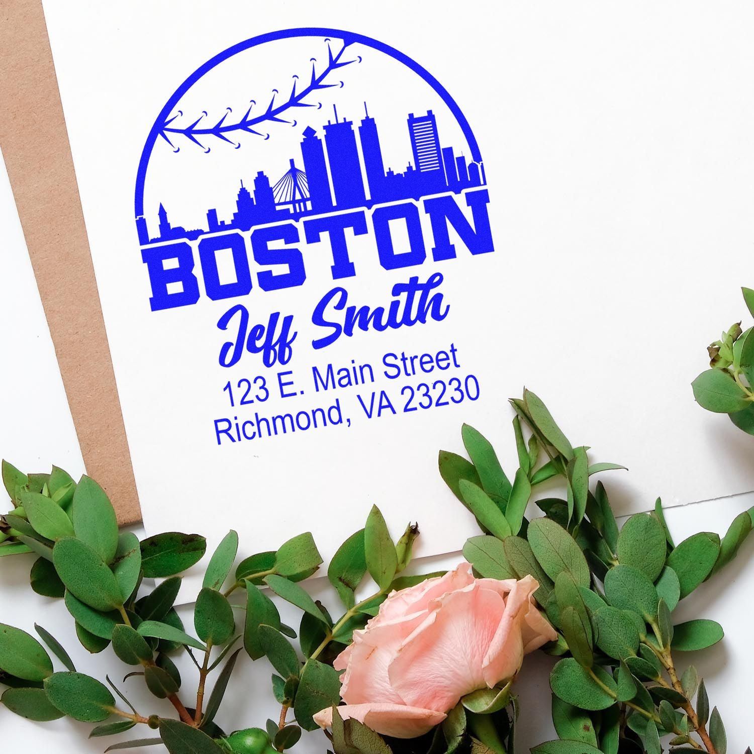 Custom Boston rubber stamp with skyline design, Jeff Smith name, and Richmond, VA return address.