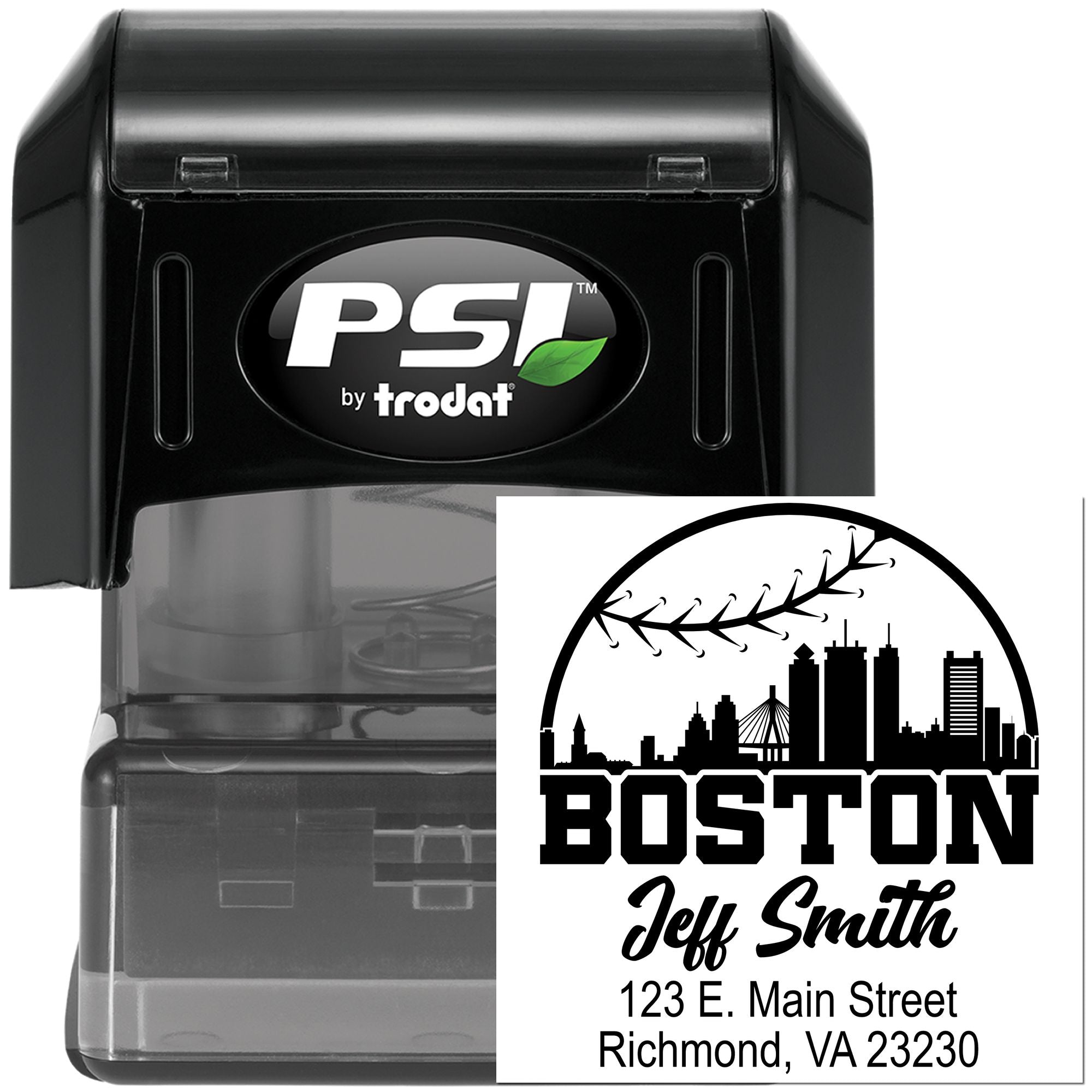 Custom self-inking rubber stamp with Boston skyline return address design for personalized mailing and branding.