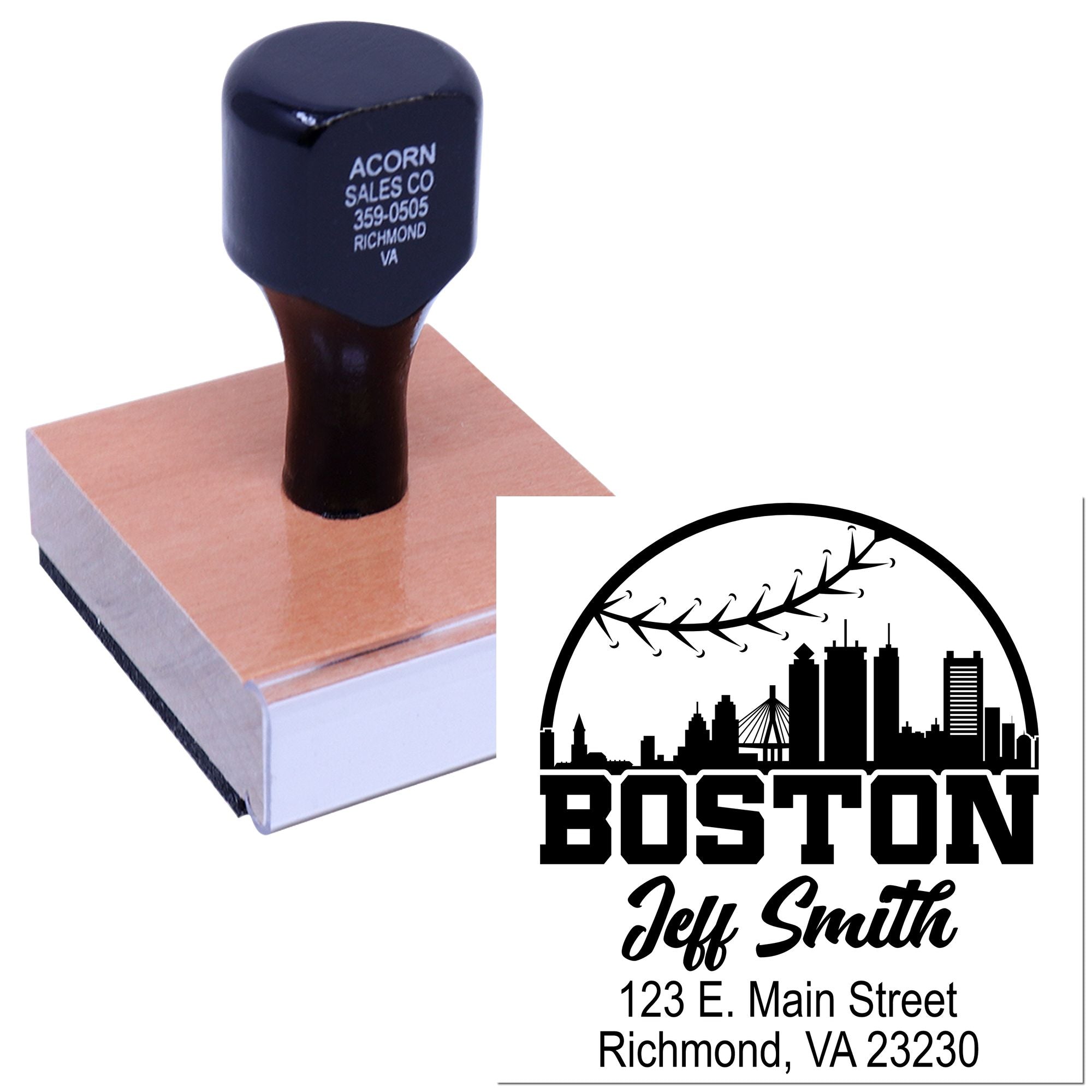 Custom rubber address stamp with Boston skyline logo and Jeff Smith imprint for business branding.