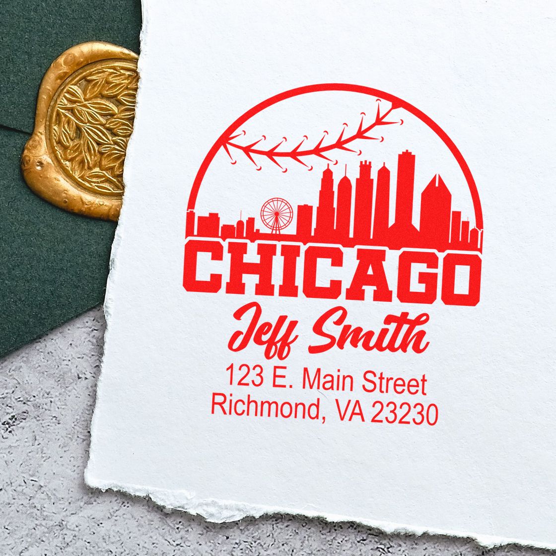 Custom rubber stamp with Chicago skyline logo and Jeff Smith return address for business mailings.