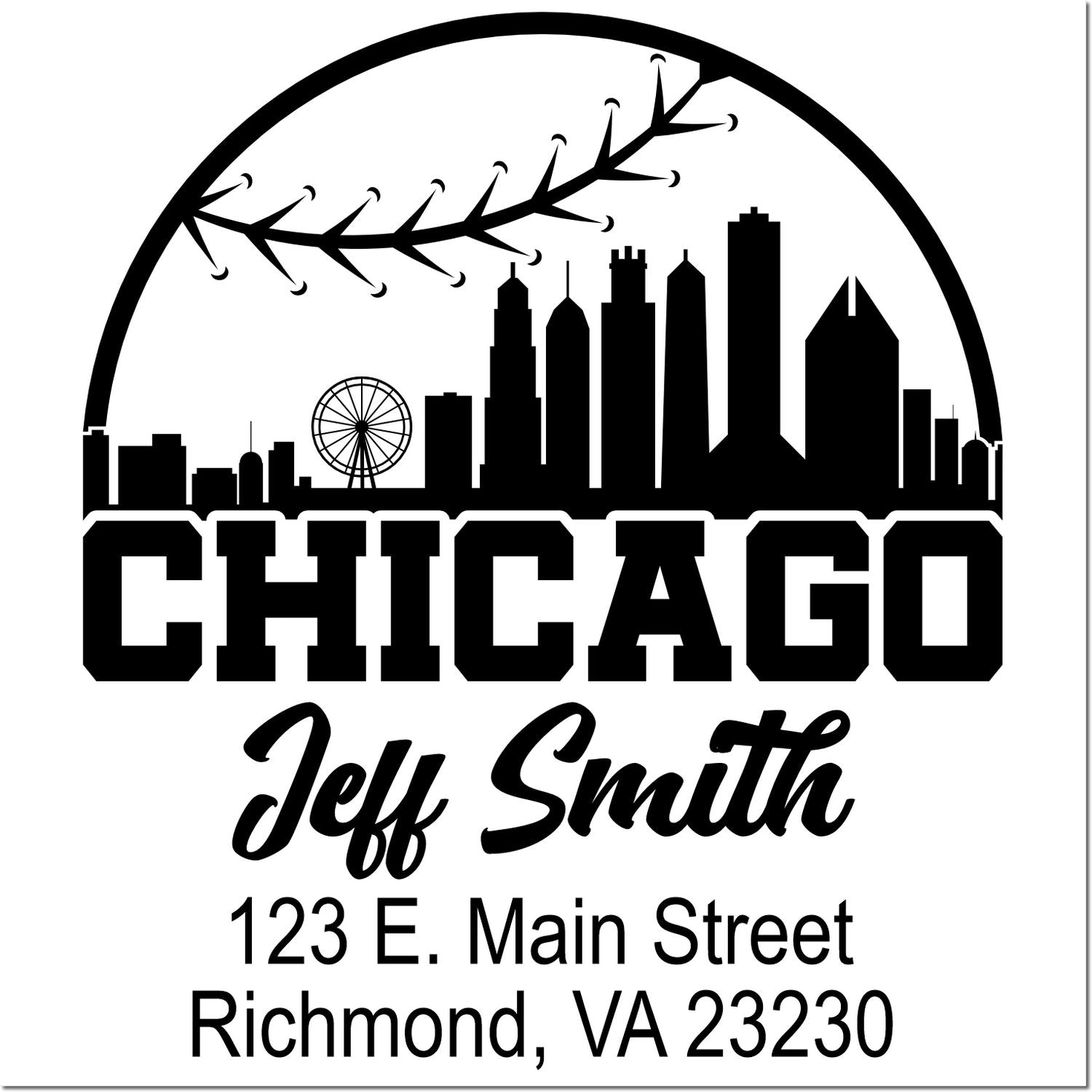 Custom Chicago skyline return address rubber stamp for Jeff Smith, with 123 E. Main Street, Richmond, VA 23230.