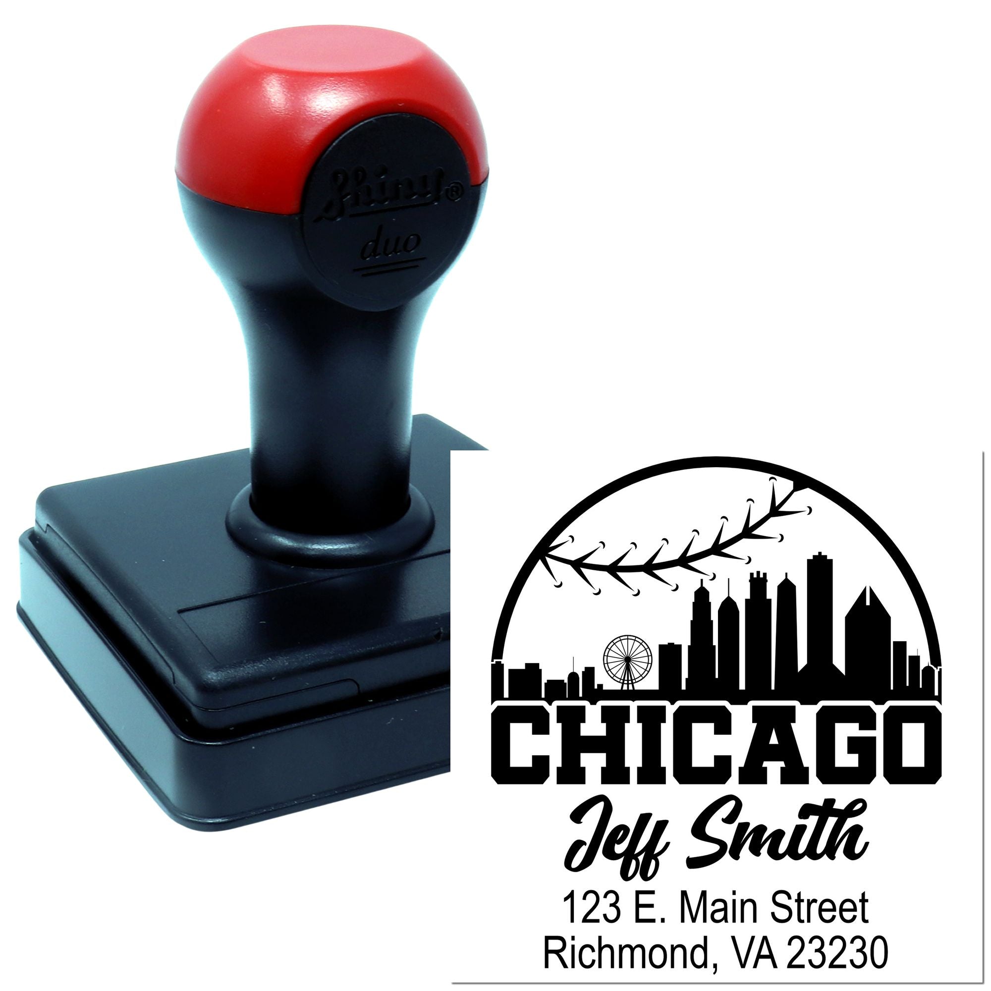Custom self-inking rubber address stamp with Chicago skyline, Jeff Smith, and Richmond, VA return address design.