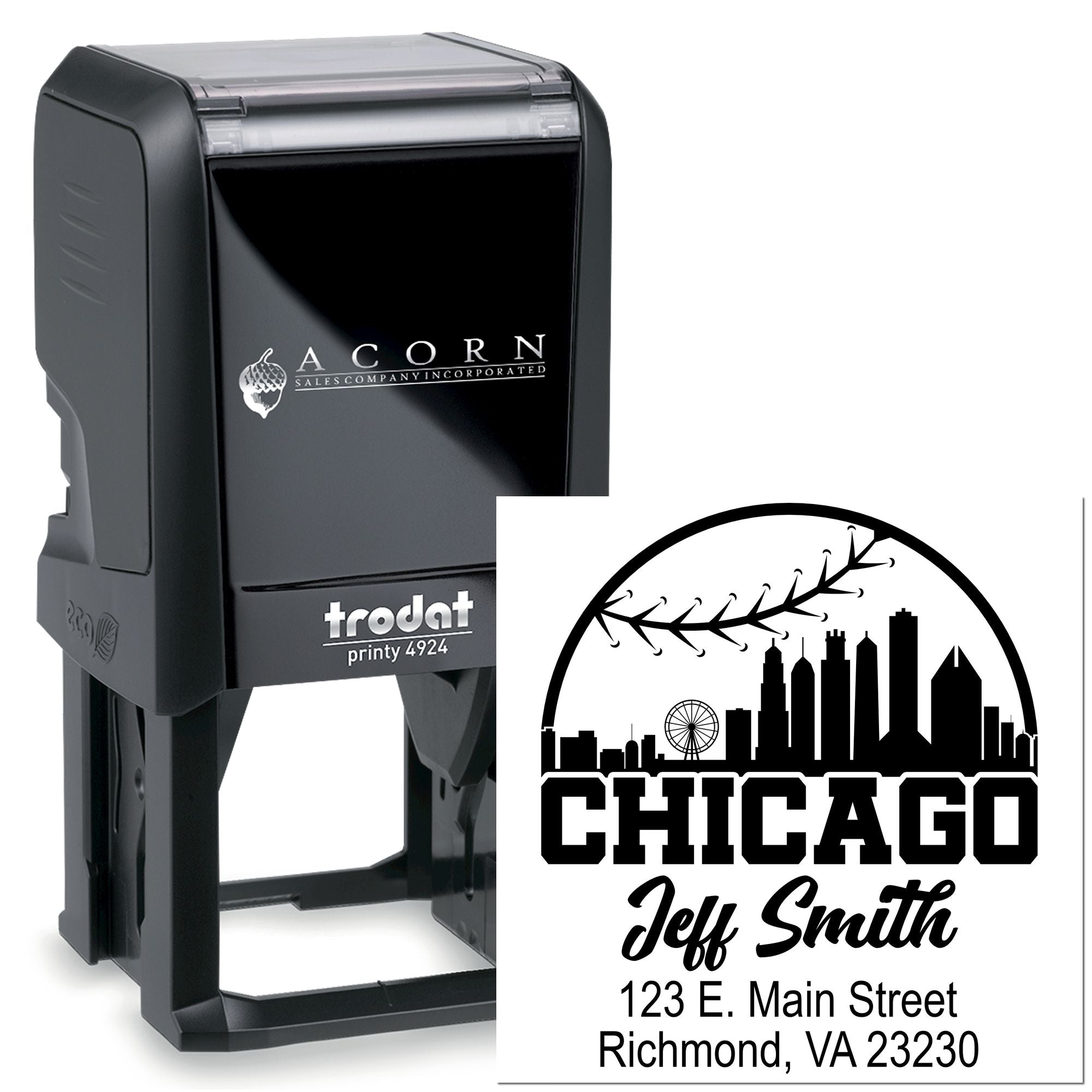 Custom self-inking rubber stamp for Chicago name and address printing, shown on Trodat Printy 4924 stamp body.