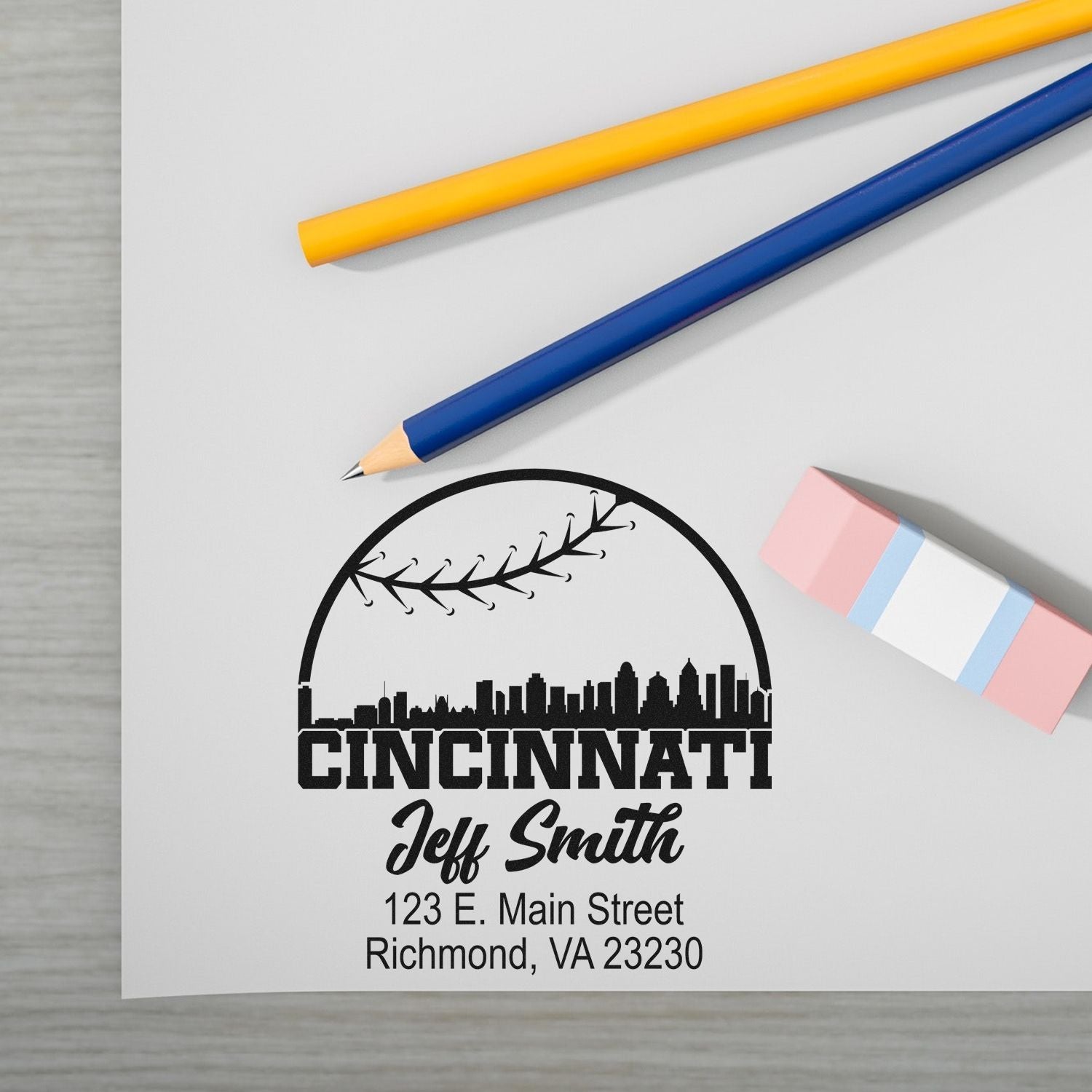 Personalized Cincinnati address rubber stamp with skyline, baseball design, and custom name and address