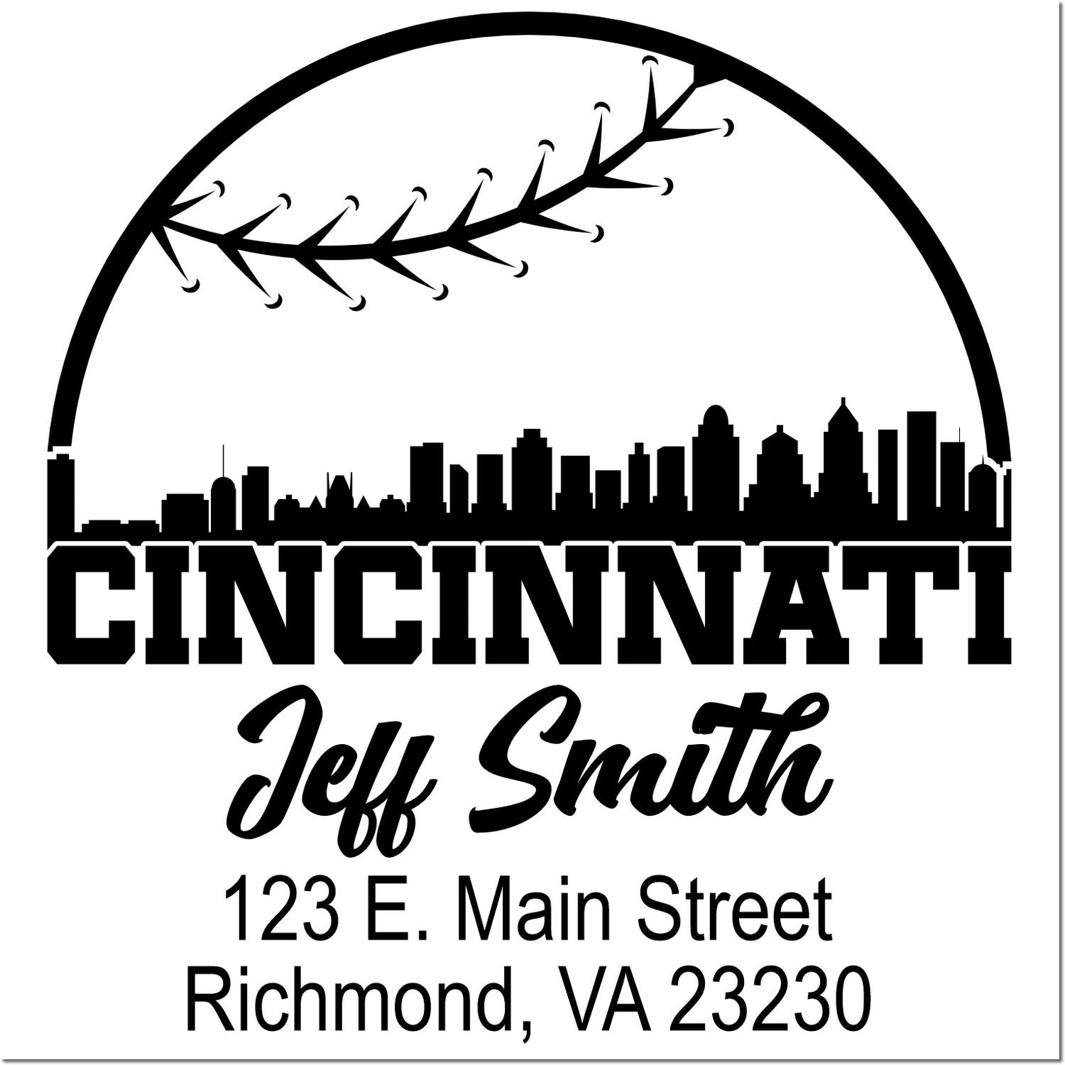 Custom Cincinnati return address rubber stamp with skyline and baseball seam design for Jeff Smith, Richmond VA 23230.