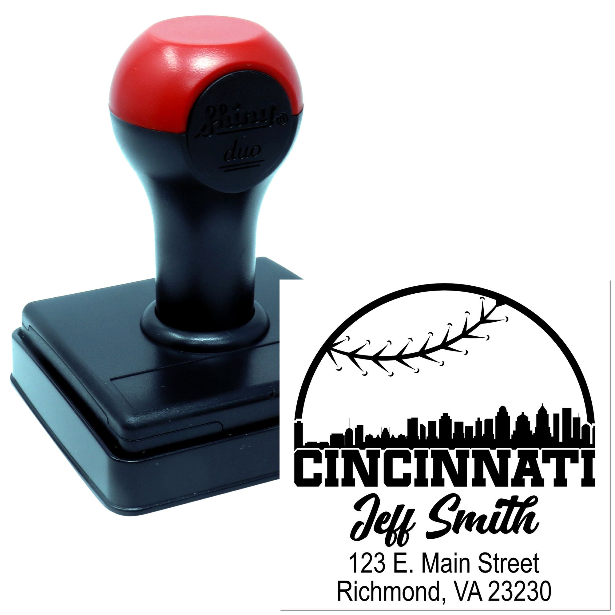 Custom self-inking rubber address stamp with Cincinnati skyline design and Jeff Smith return address
