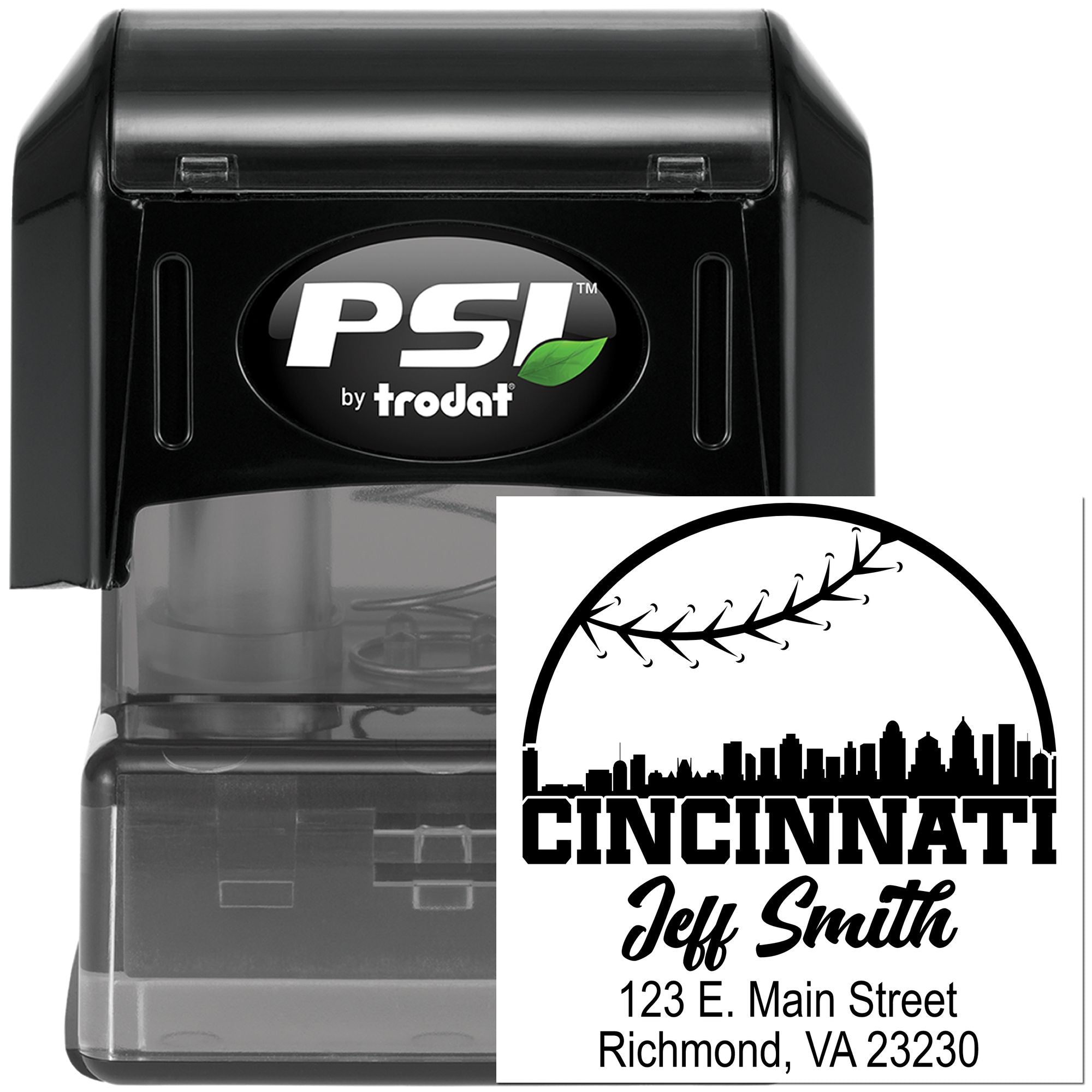 PSI by Trodat self-inking rubber stamp with custom Cincinnati return address and Jeff Smith name imprint.