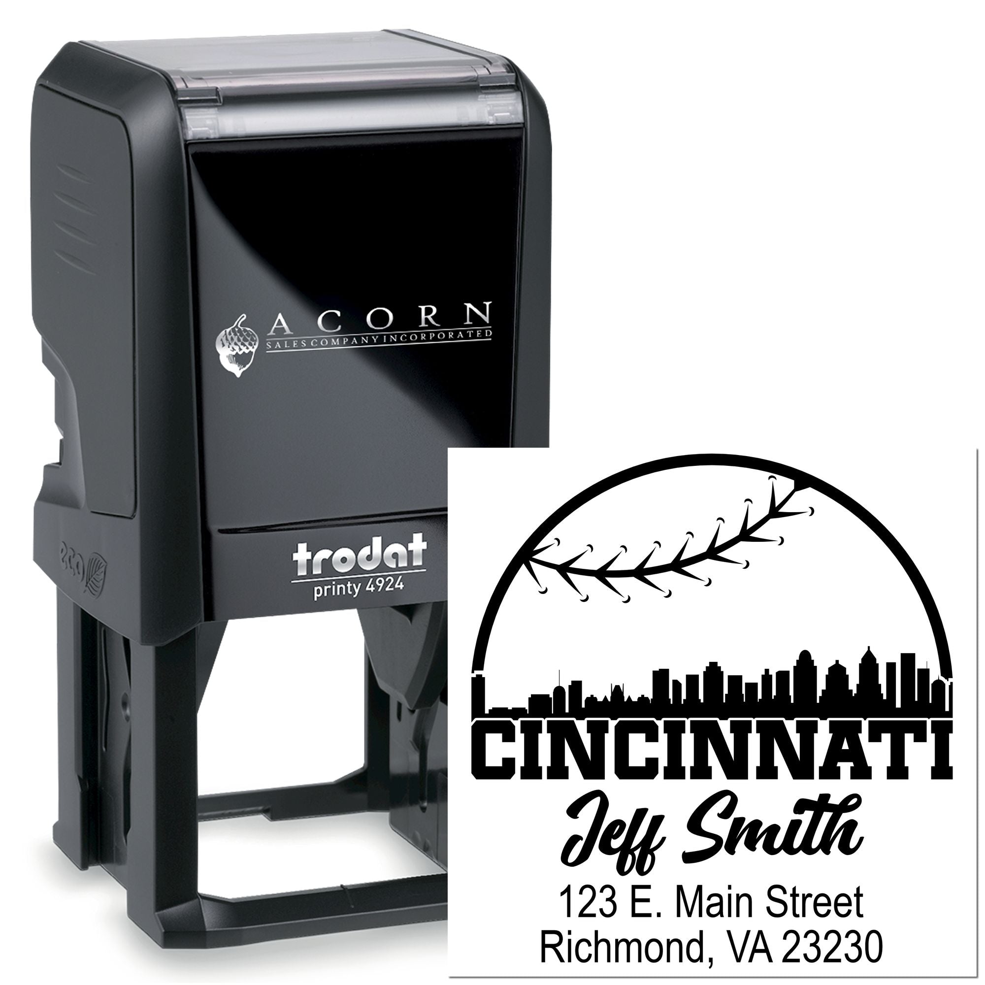 Custom self-inking rubber address stamp with Cincinnati skyline and personalized return address imprint.
