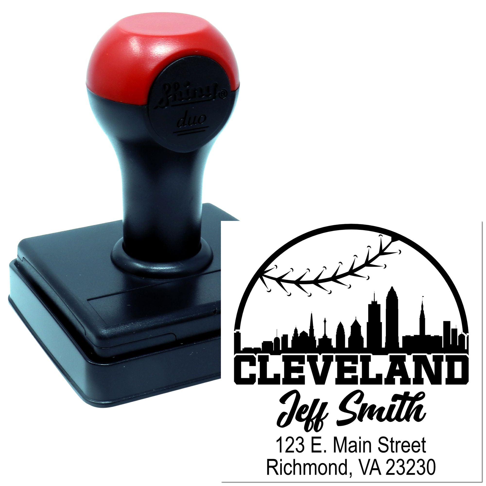 Custom self-inking rubber stamp with Cleveland skyline logo, Jeff Smith name, and Richmond, VA address.