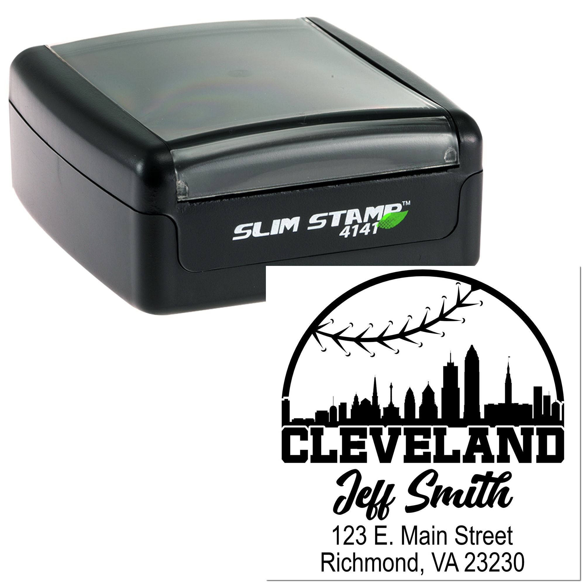 Slim self-inking custom rubber address stamp with Cleveland skyline and Jeff Smith return address design