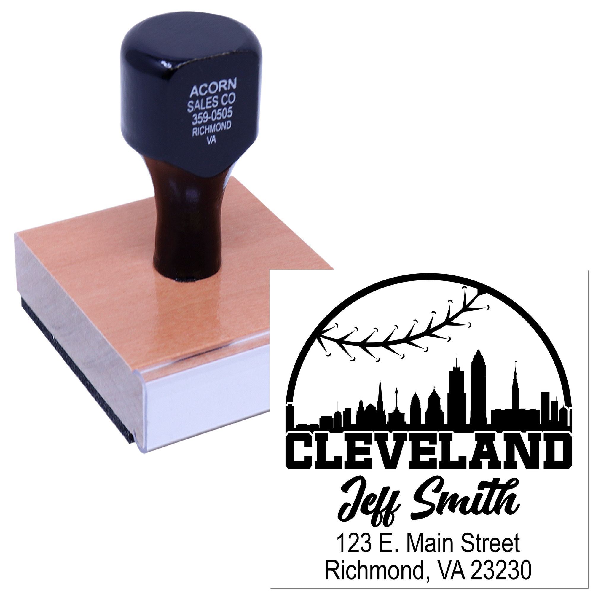 Custom self-inking rubber address stamp with Cleveland skyline design and personalized return address imprint.