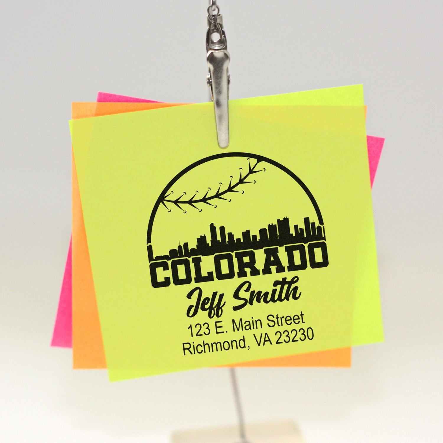 Custom Colorado return address rubber stamp on neon sticky notes with Jeff Smith and Richmond, VA address.