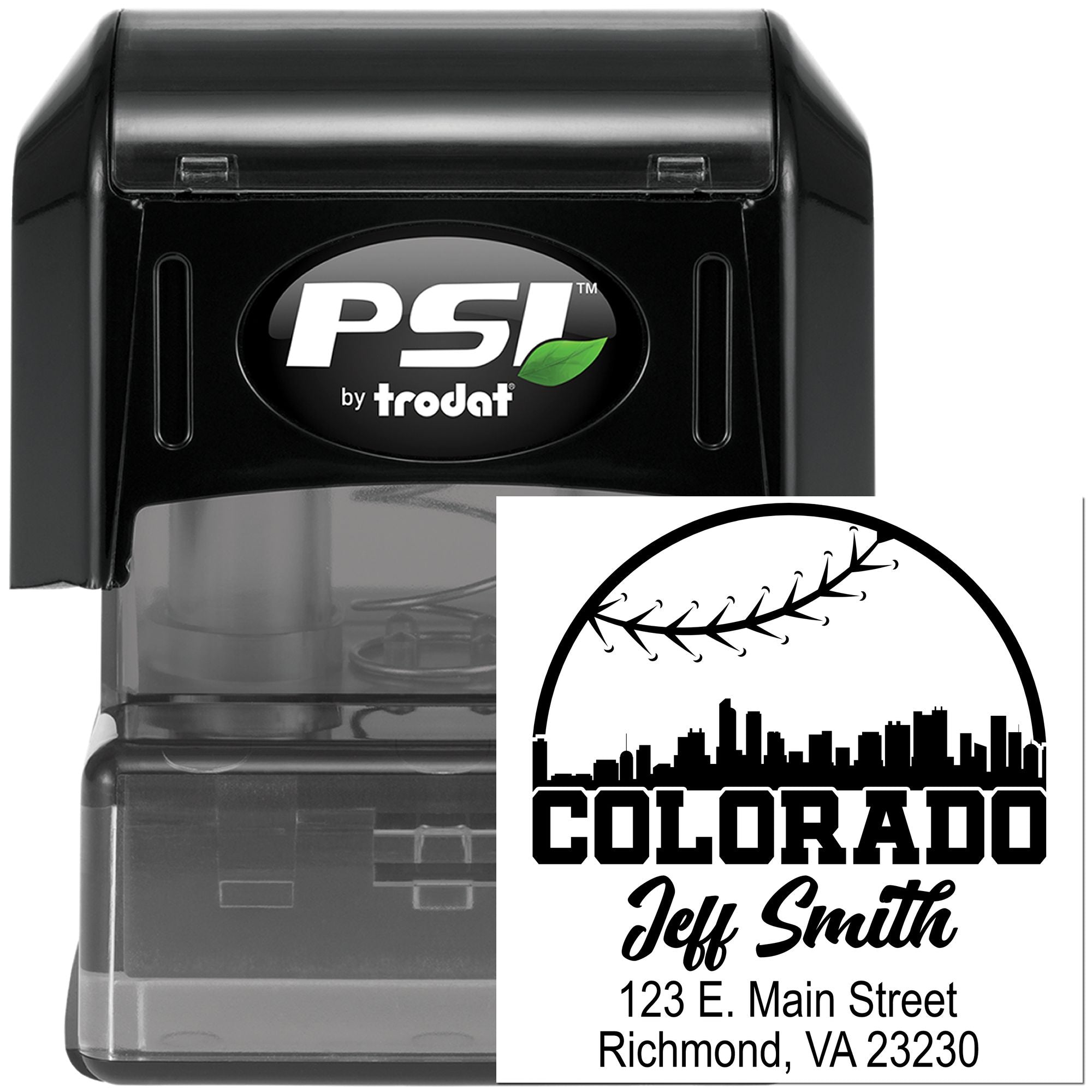 Custom self-inking rubber address stamp by PSI by Trodat featuring Colorado skyline and Jeff Smith return address.