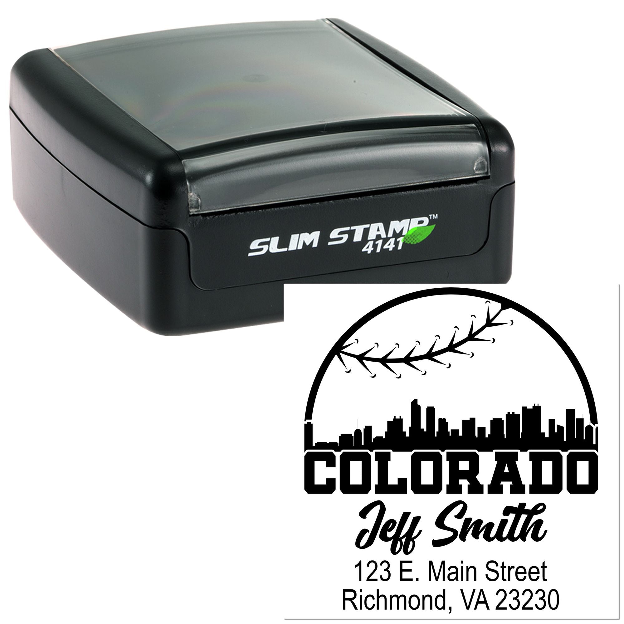 Custom self-inking Colorado address stamp with skyline design, name, and mailing address for easy business or personal use.