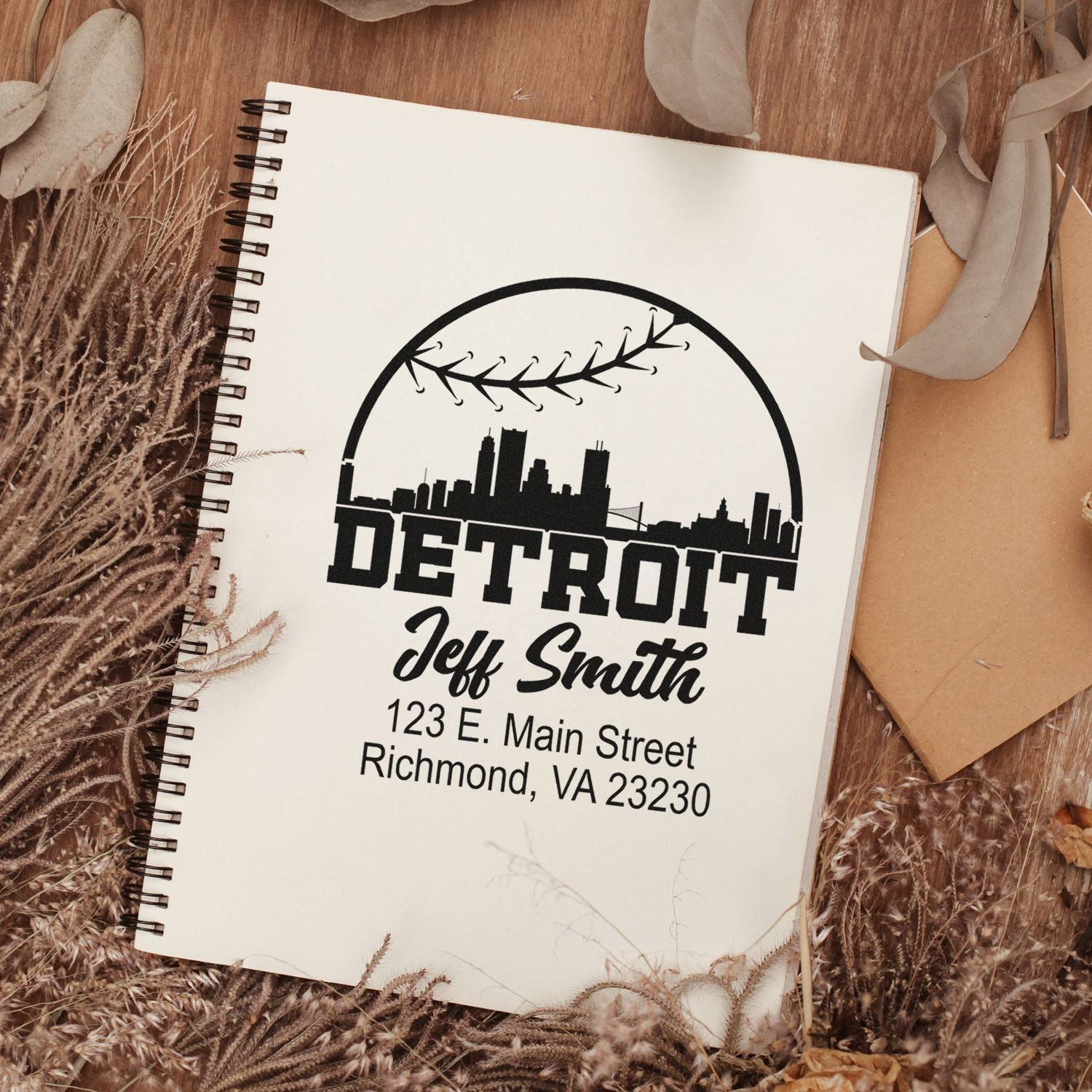 Detroit custom return address rubber stamp with skyline, Jeff Smith name, and address for business mailings.