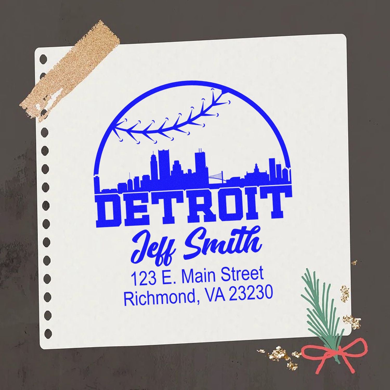 Personalized Detroit rubber stamp with skyline, Jeff Smith, and Richmond, VA return address.