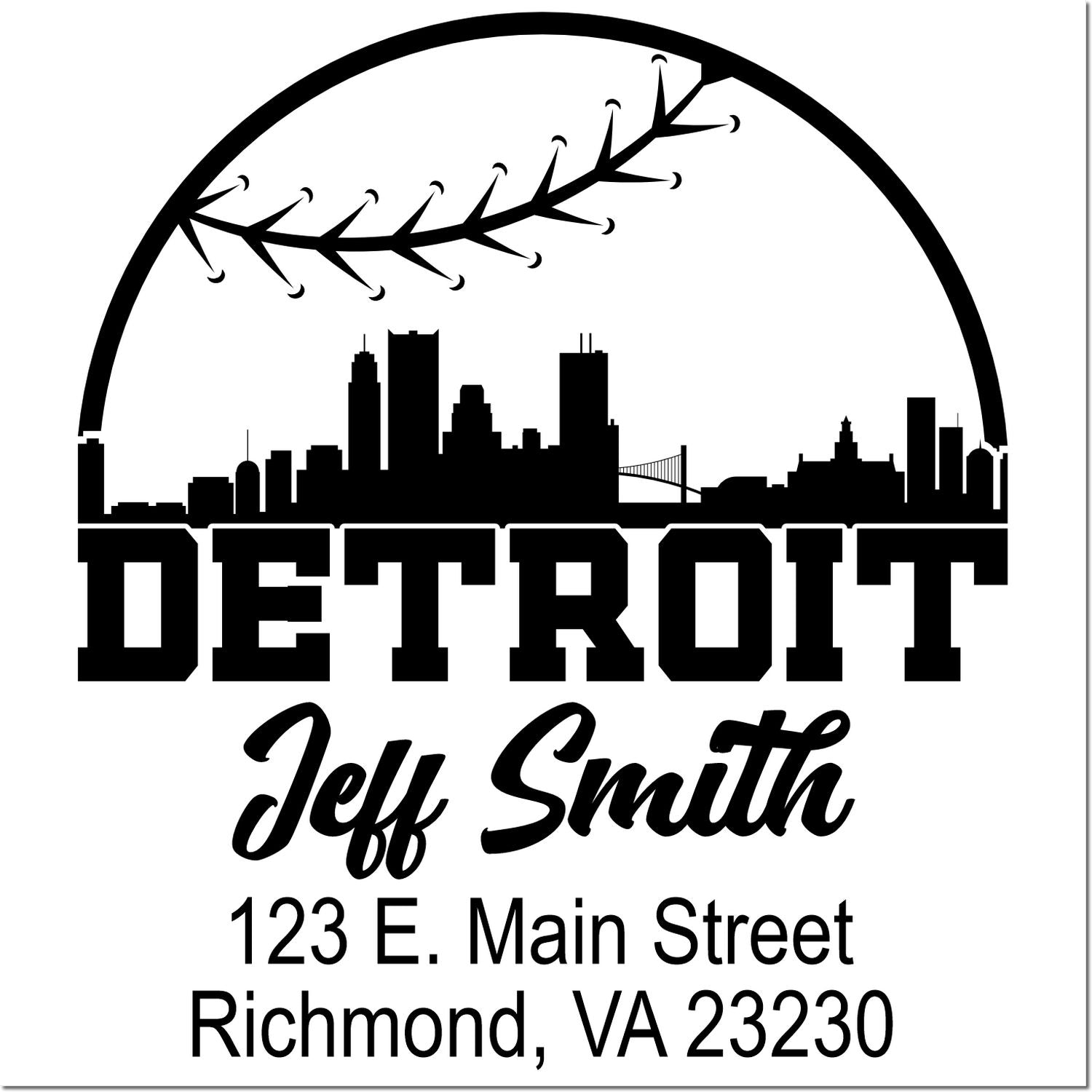 Custom Detroit skyline address rubber stamp for Jeff Smith, with name and mailing address.