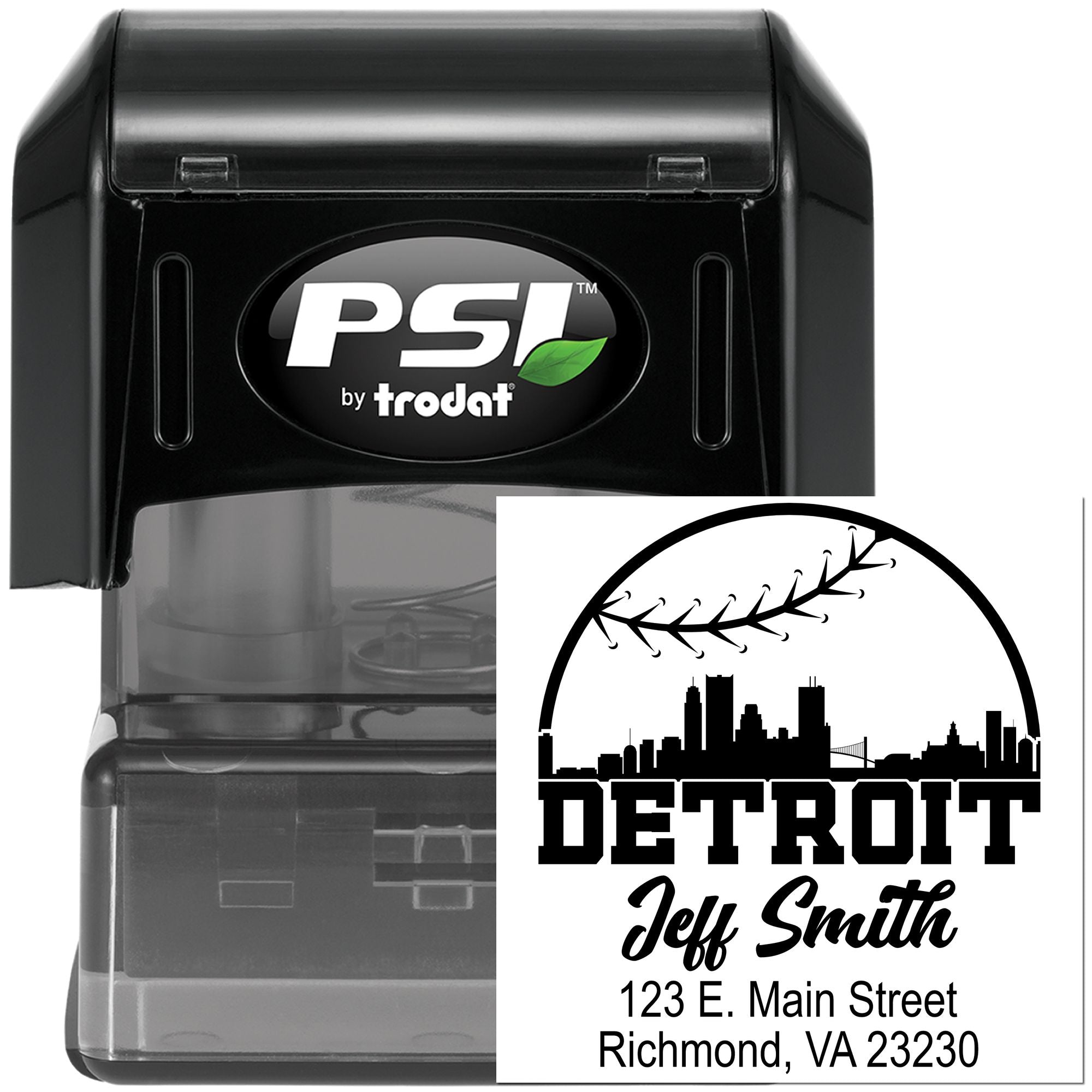 PSI by Trodat self-inking custom rubber stamp with Detroit skyline return address for business mailings.