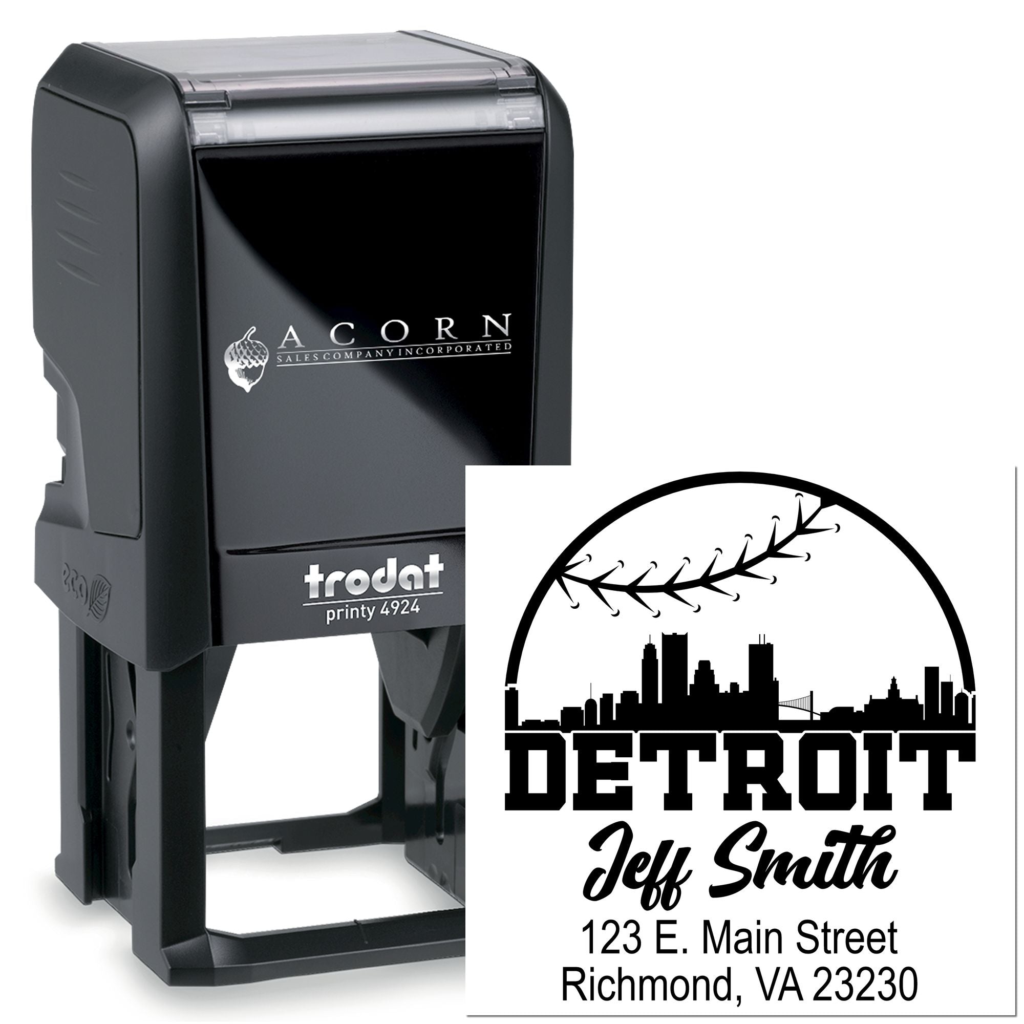 Custom self-inking rubber stamp, Trodat Printy 4924, featuring Detroit logo and address for personalized business use.