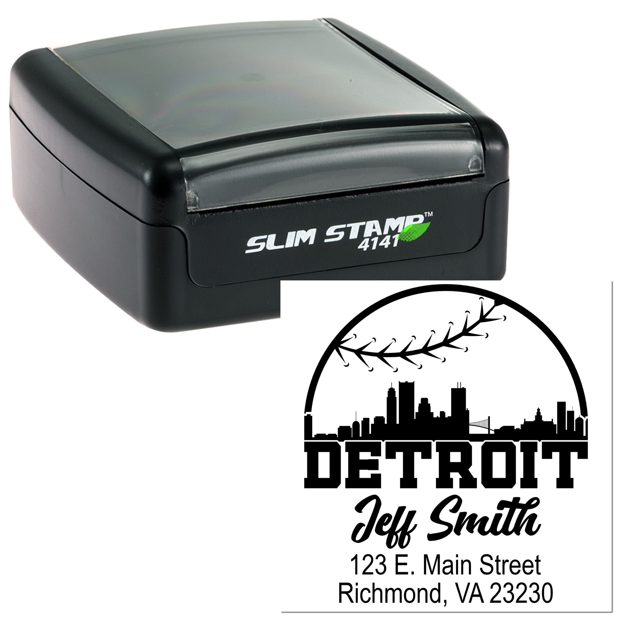 Custom self-inking rubber stamp with Detroit skyline address imprint for business mail, Slim Stamp 4141 model.