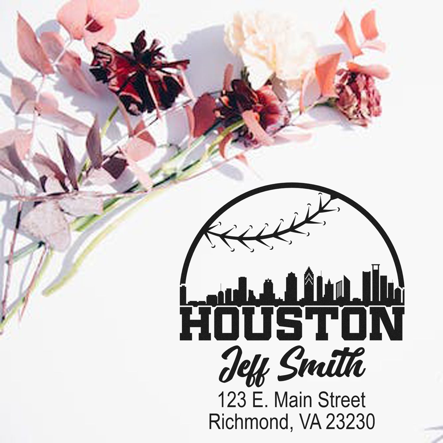 Custom Houston skyline return address rubber stamp for Jeff Smith, with 123 E. Main Street, Richmond, VA 23230.