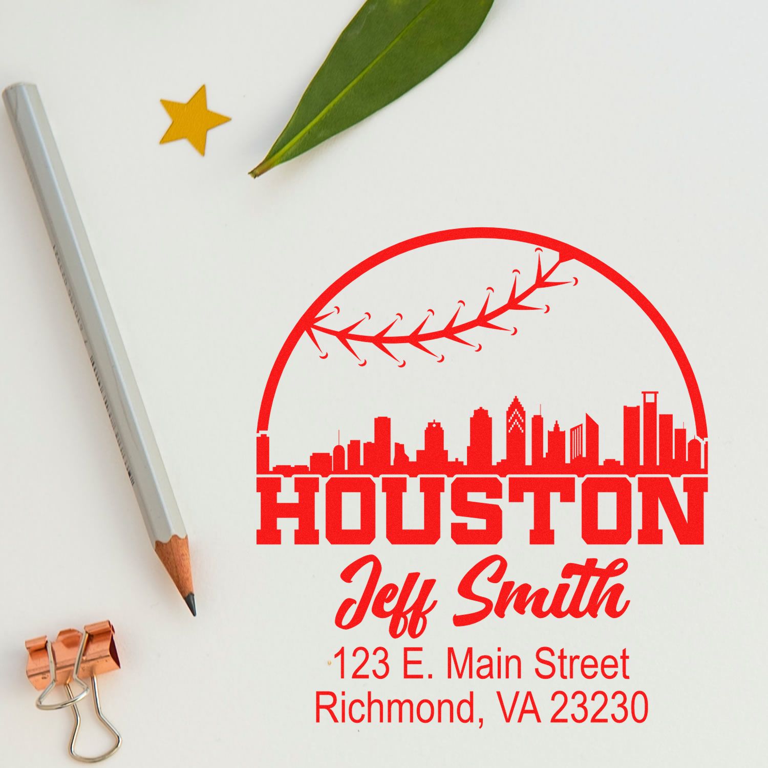 Custom Houston address rubber stamp featuring skyline, baseball arc, and Jeff Smith name and address.
