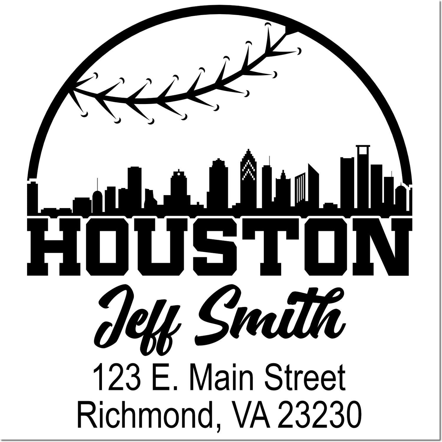 Personalized Houston skyline return address rubber stamp for Jeff Smith, 123 E. Main Street, Richmond, VA 23230