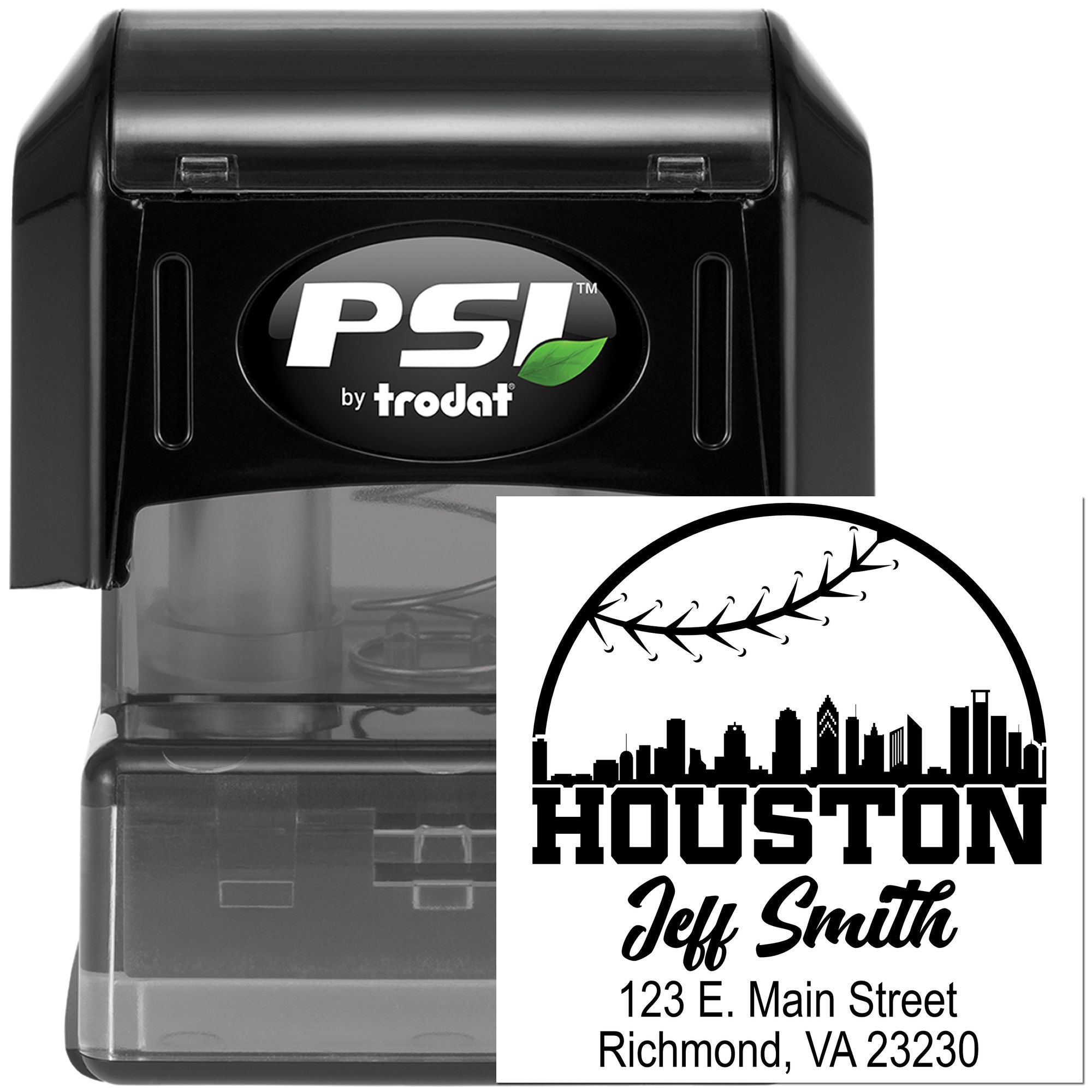 PSI by Trodat self-inking custom address rubber stamp with Houston skyline and Jeff Smith imprint