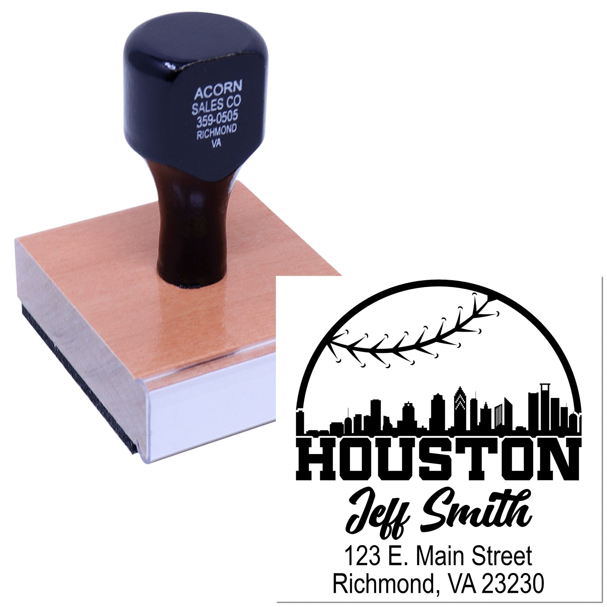 Custom rubber address stamp with Houston skyline design and personalized name and address imprint.