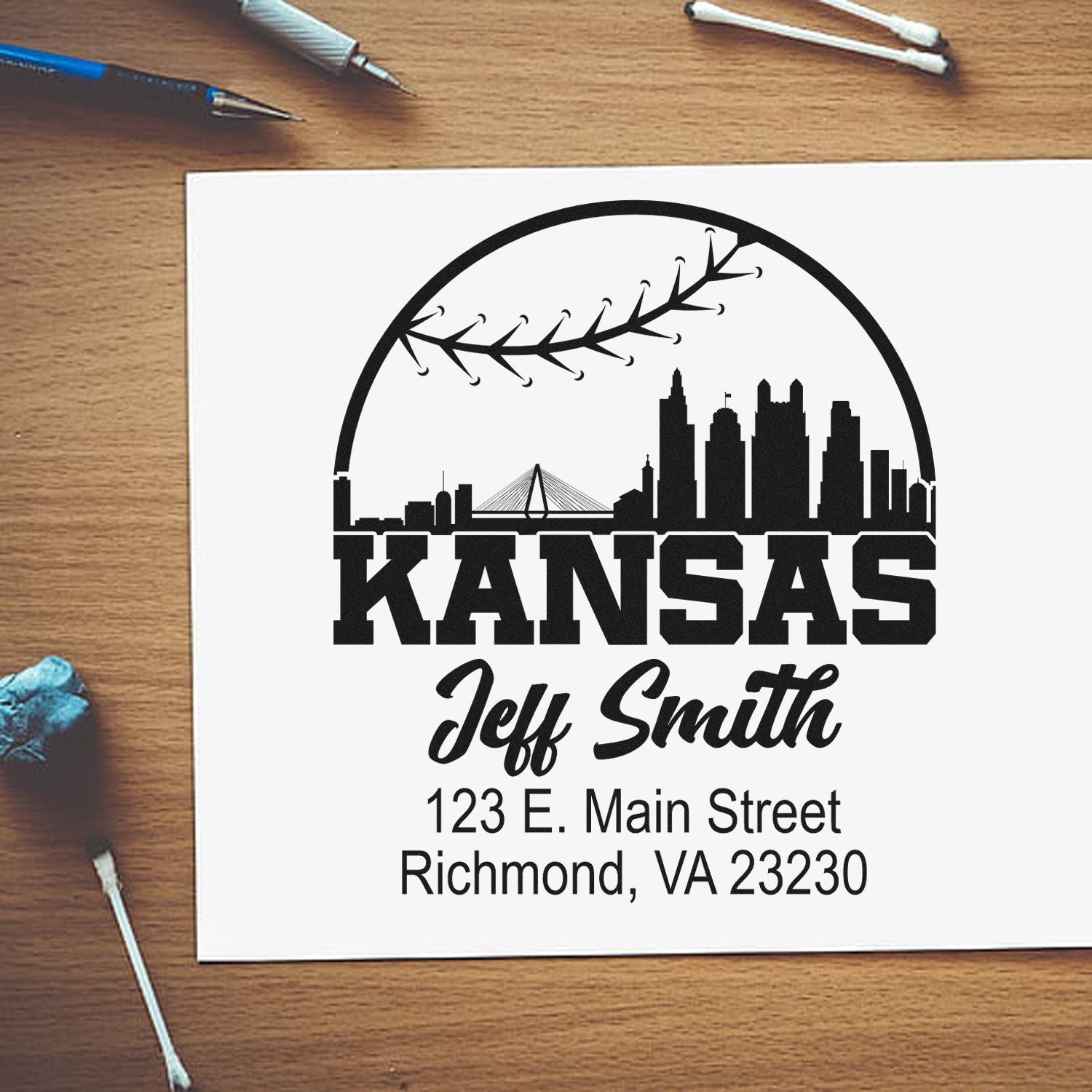 Custom Kansas return address rubber stamp with skyline, Jeff Smith, and Richmond, VA address for envelopes and mailings.