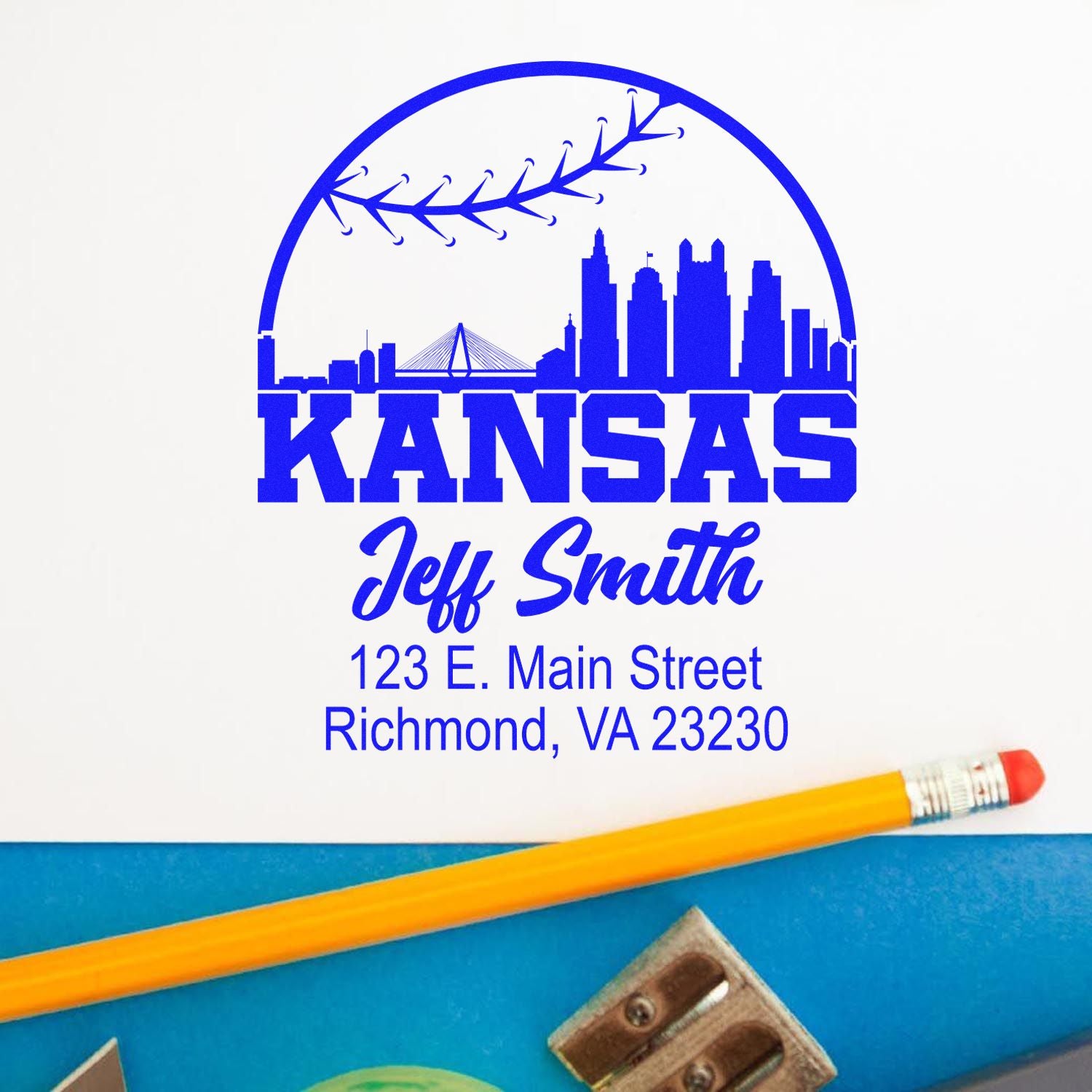 Custom Kansas address rubber stamp with skyline, baseball motif, and Jeff Smith Richmond, VA return address in blue ink.