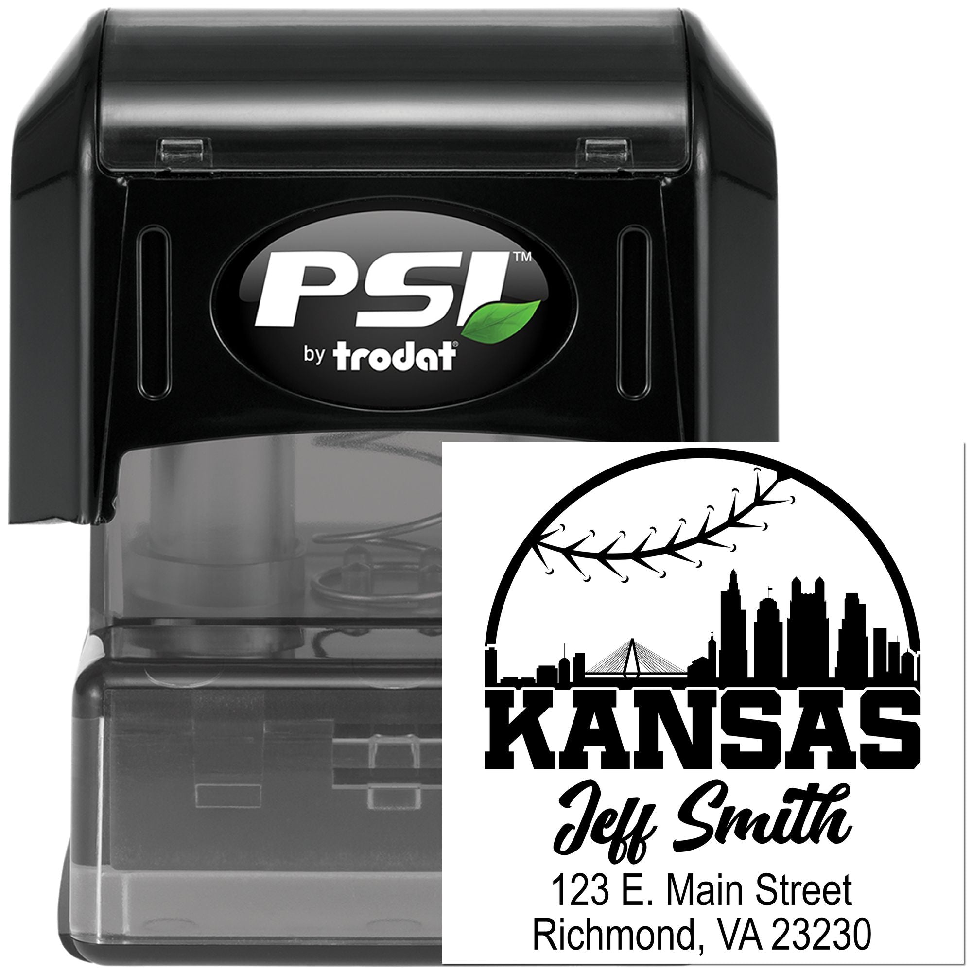 Custom self-inking address rubber stamp with Kansas skyline, Jeff Smith name, and Richmond, VA address, PSI by Trodat.