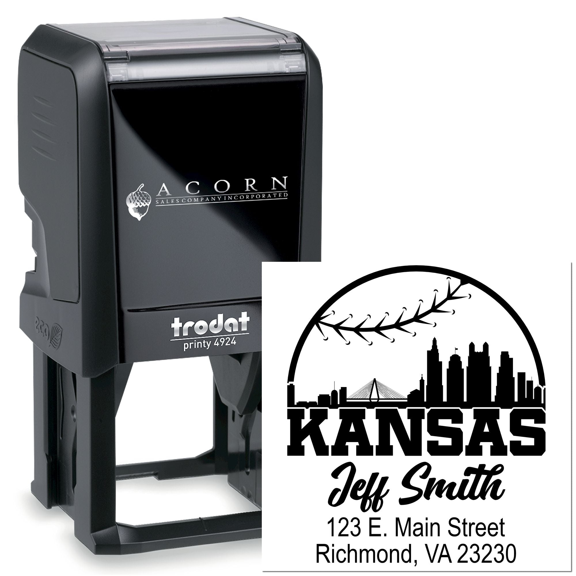 Custom self-inking rubber stamp with Kansas return address design and Trodat Printy 4924 case.