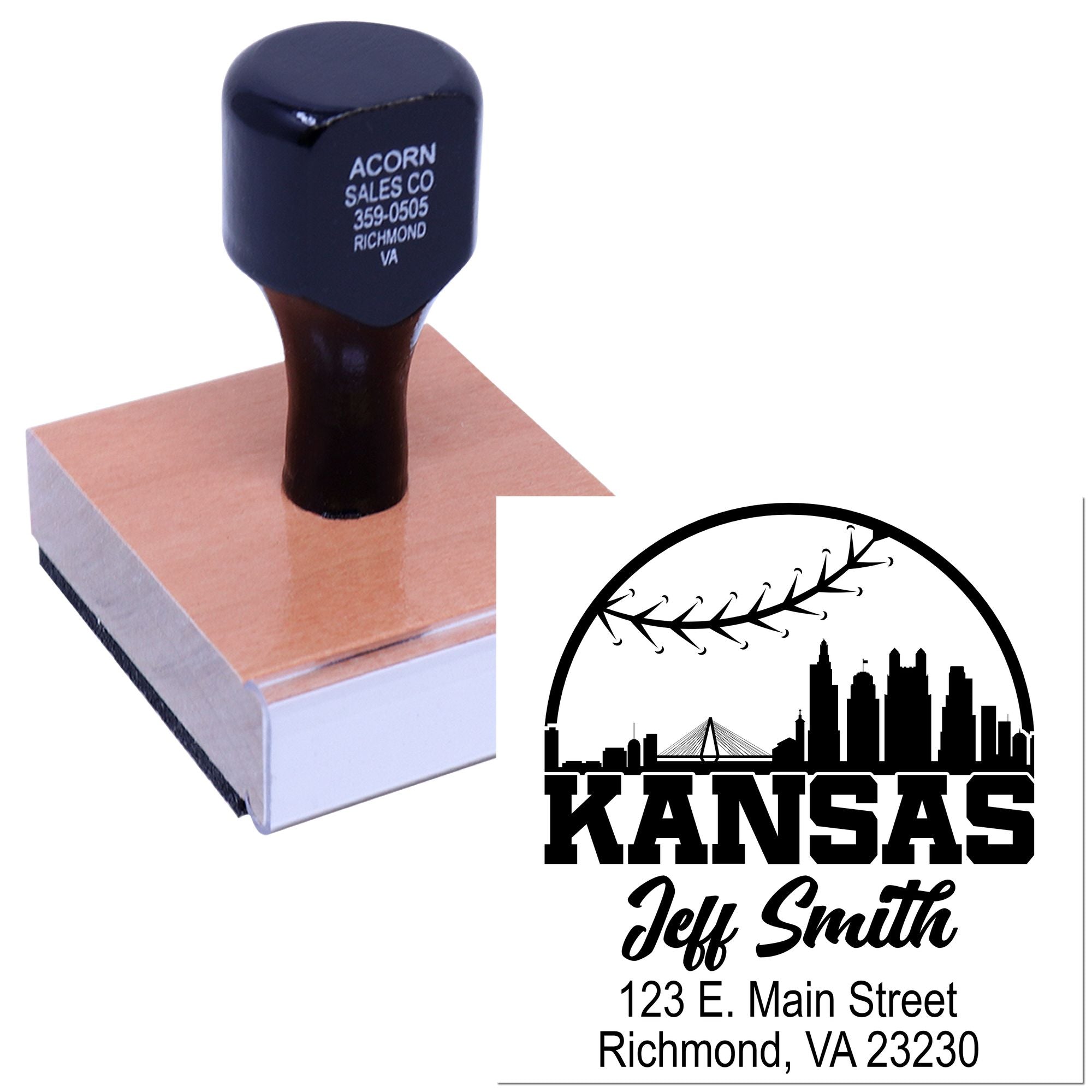 Custom self-inking address rubber stamp with Kansas skyline design, name, and mailing address.
