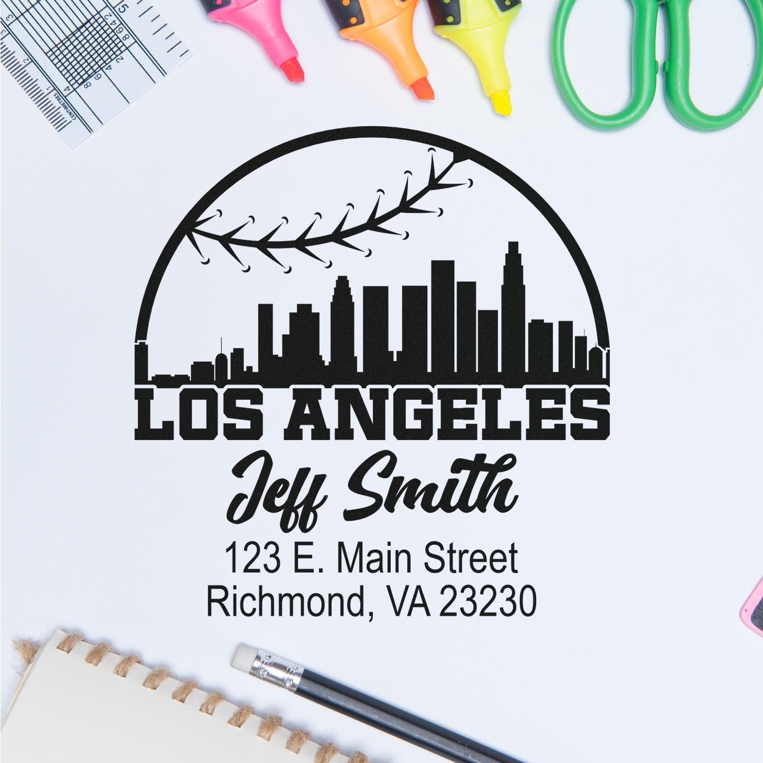 Custom Los Angeles rubber address stamp with skyline, Jeff Smith name, and Richmond, VA mailing address.