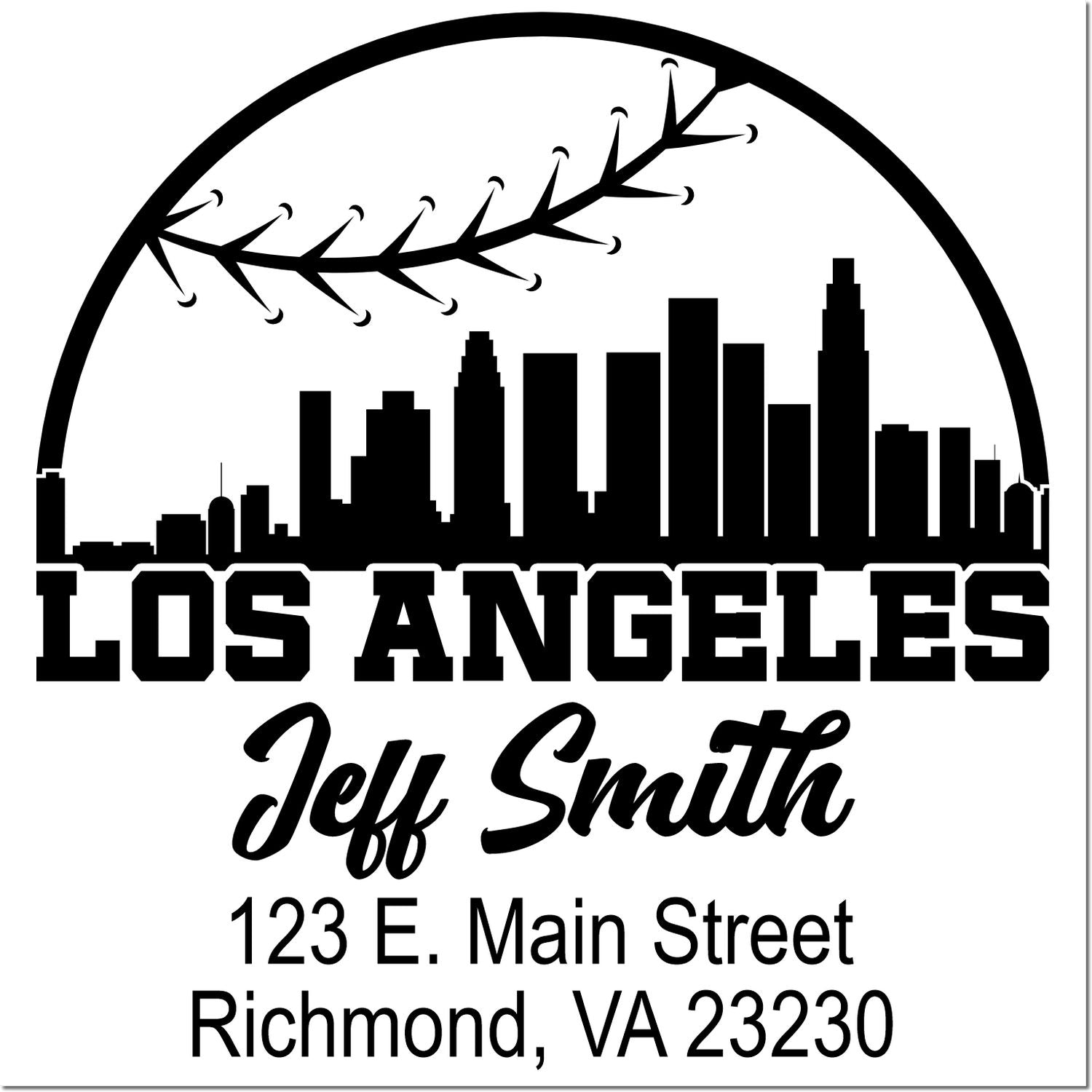 Custom Los Angeles address rubber stamp with skyline, baseball arc, Jeff Smith name, and Richmond, VA return address.