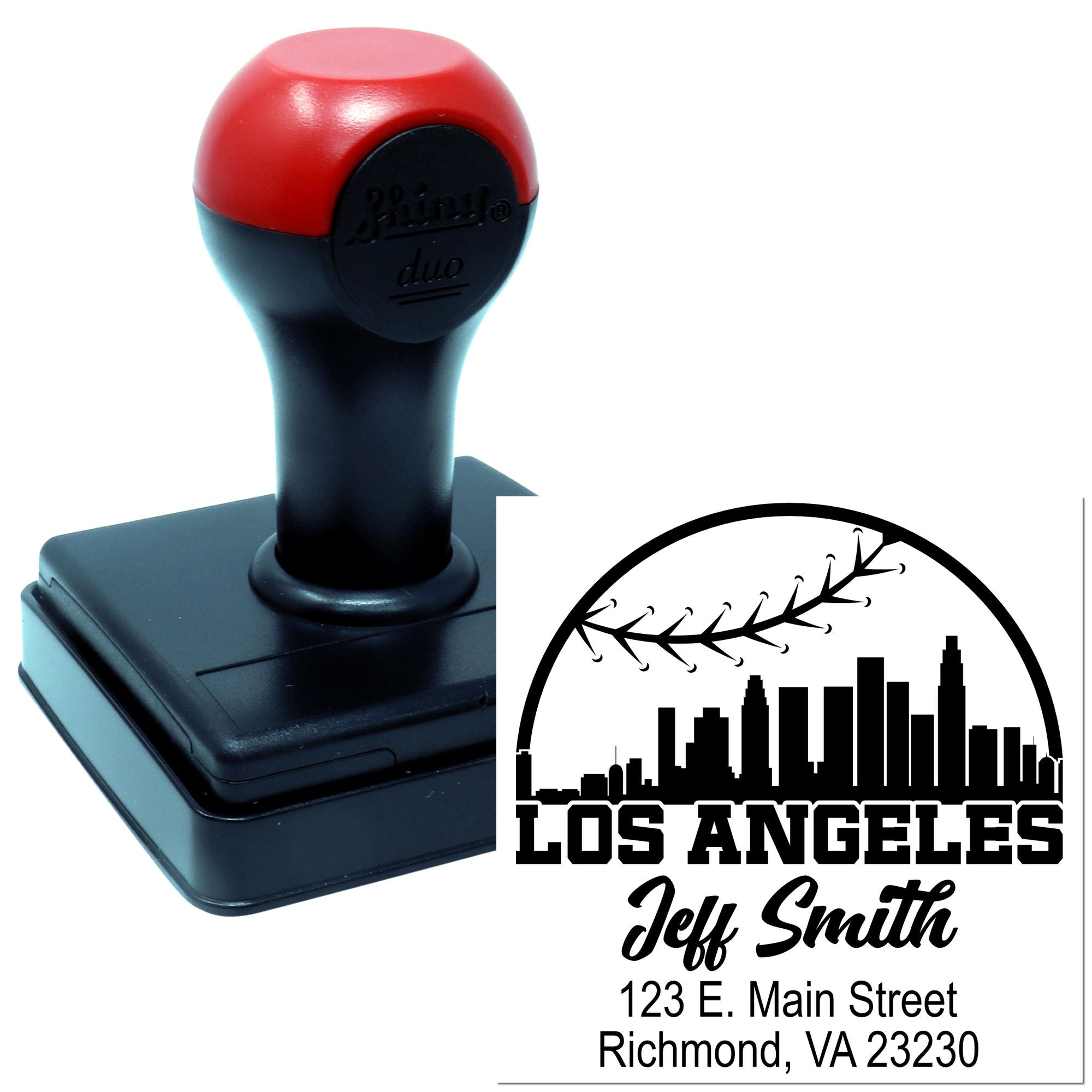 Custom self-inking rubber address stamp with Los Angeles skyline design and personalized Jeff Smith return address imprint.