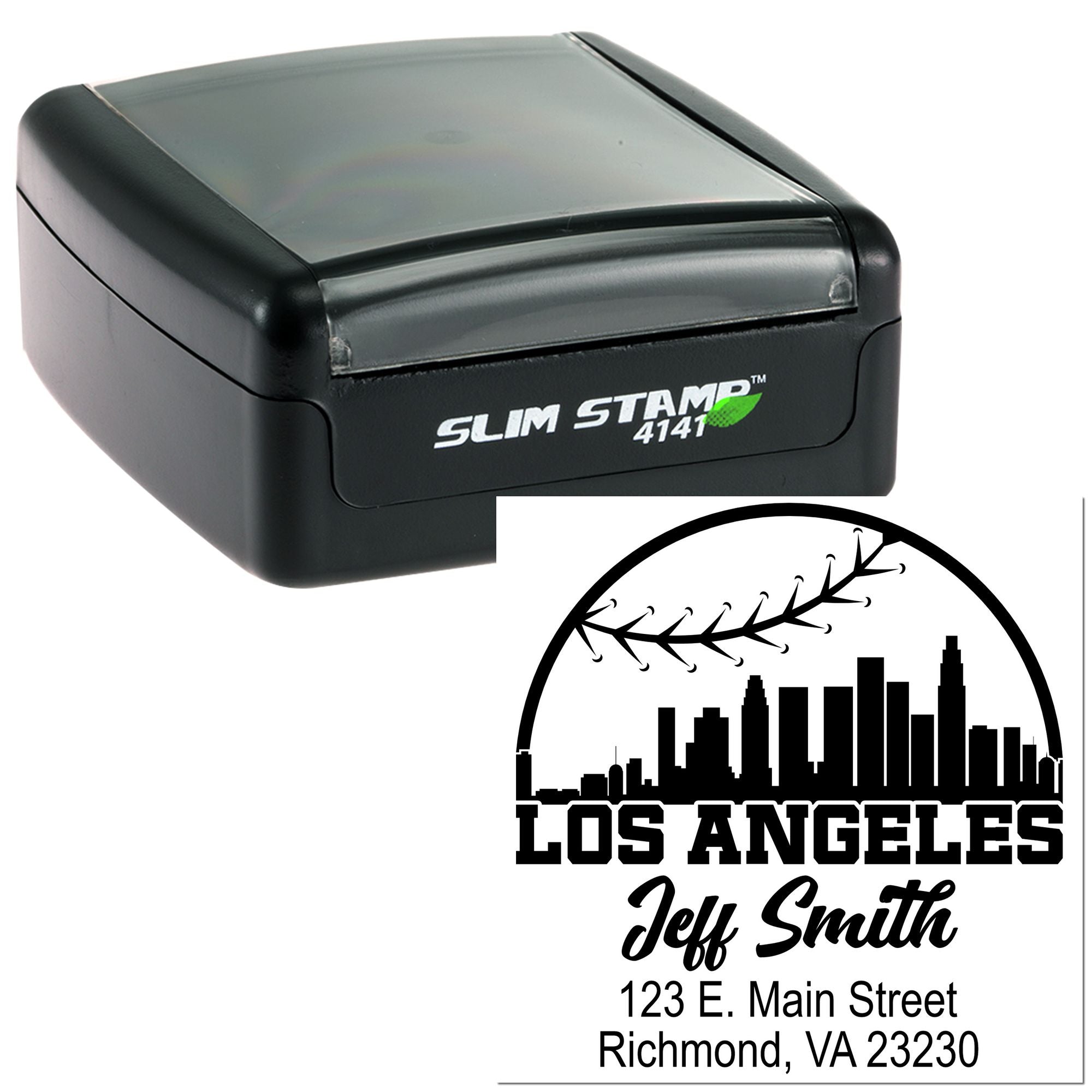 Custom self-inking rubber address stamp with Los Angeles skyline design and Jeff Smith return address imprint.
