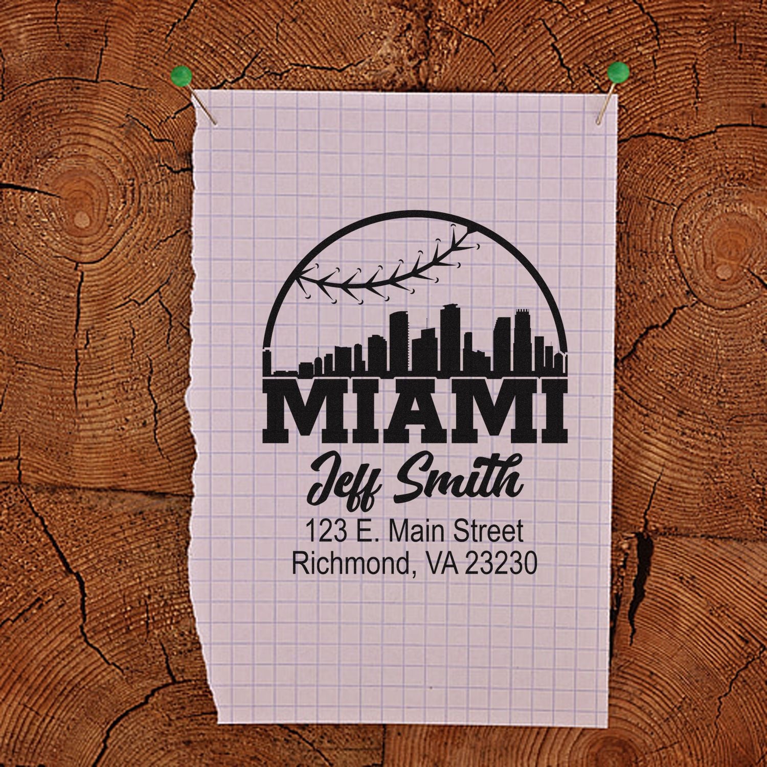 Custom Miami return address rubber stamp design with skyline logo, Jeff Smith name, and mailing address.