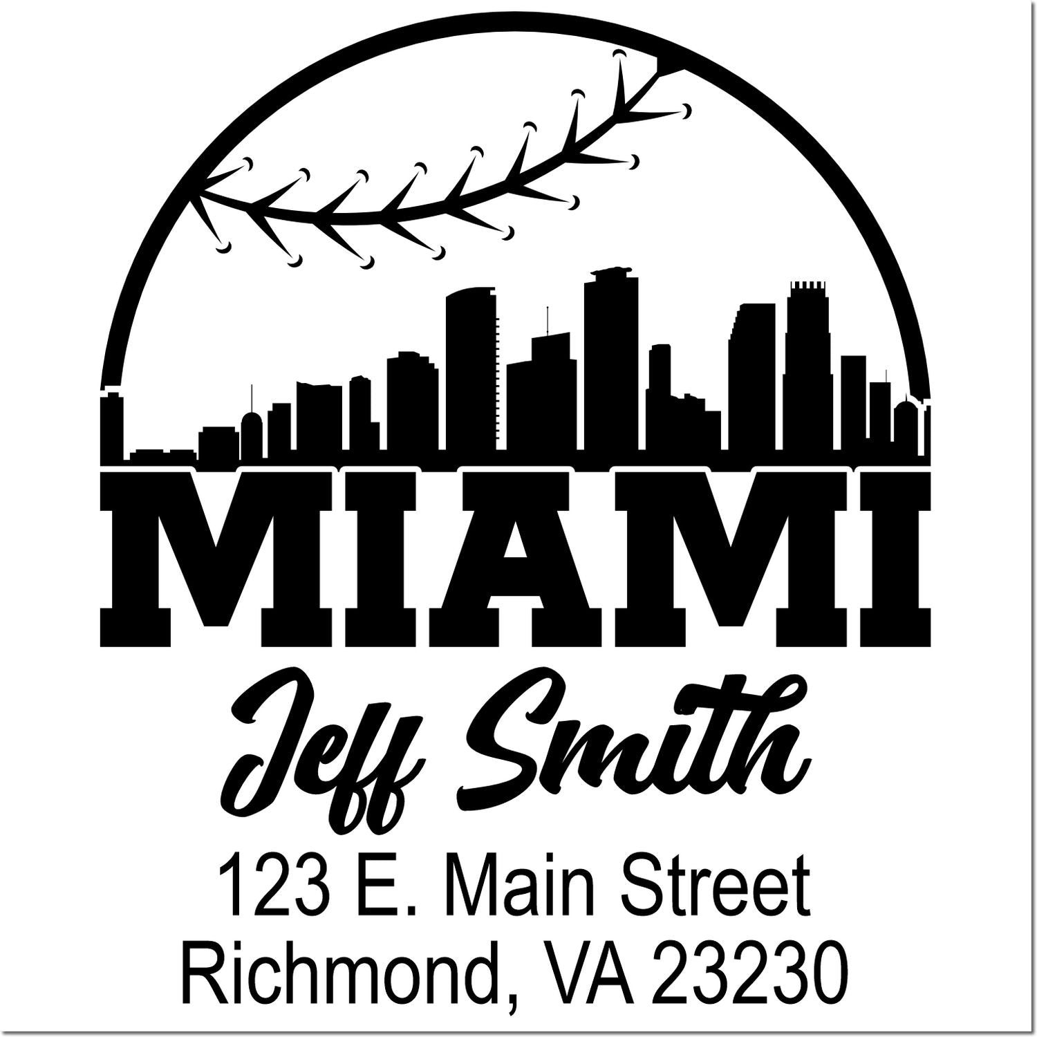 Custom Miami rubber stamp with skyline, Jeff Smith name, and Richmond, VA 23230 address.