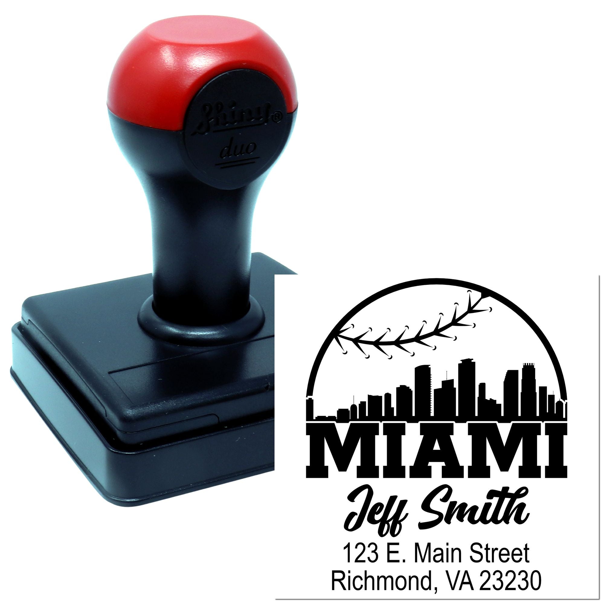 Custom self-inking rubber address stamp with Miami skyline design for Jeff Smith.