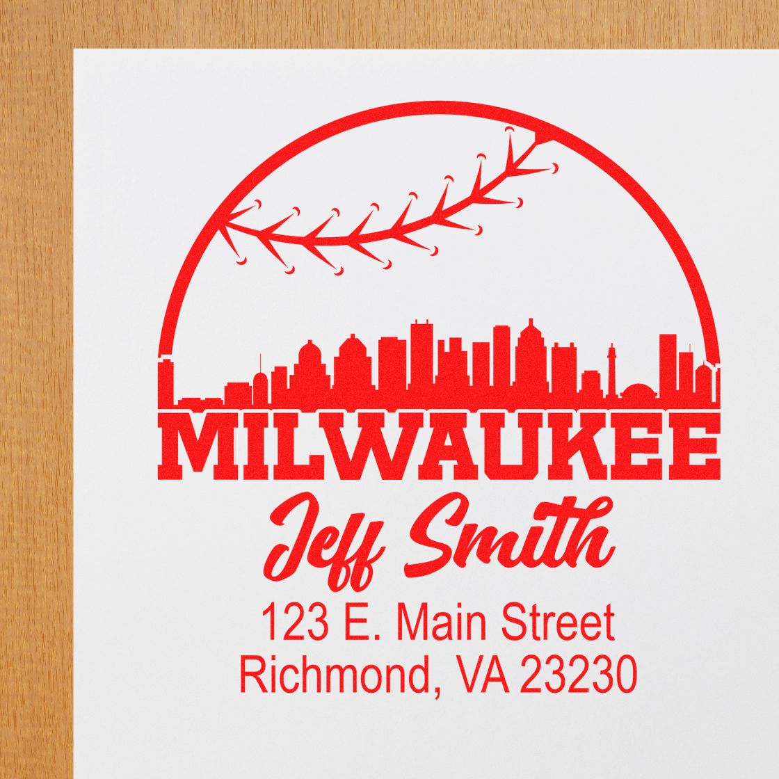 Custom Milwaukee rubber stamp with baseball skyline, Jeff Smith name, and Richmond, VA address for business or personal branding.